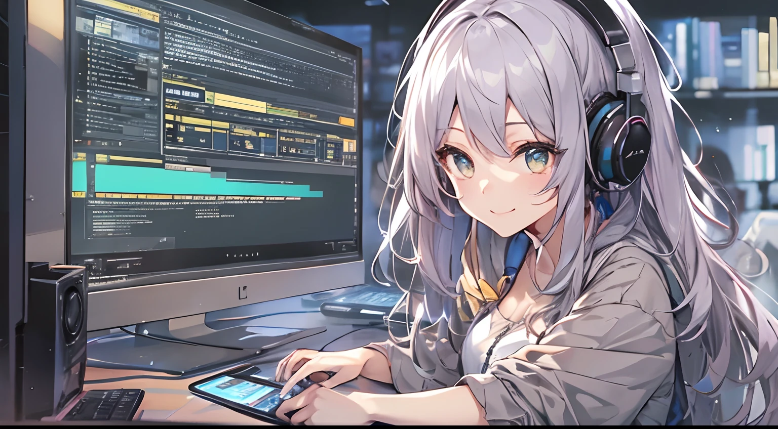 Woman using computer with big screen、silber hair、Semi-long hair、A smile,Wearing cool headphones,{{{{{{{{ Black Parker Oversize }}}}}}}},beautiful and delicate golden eyes,