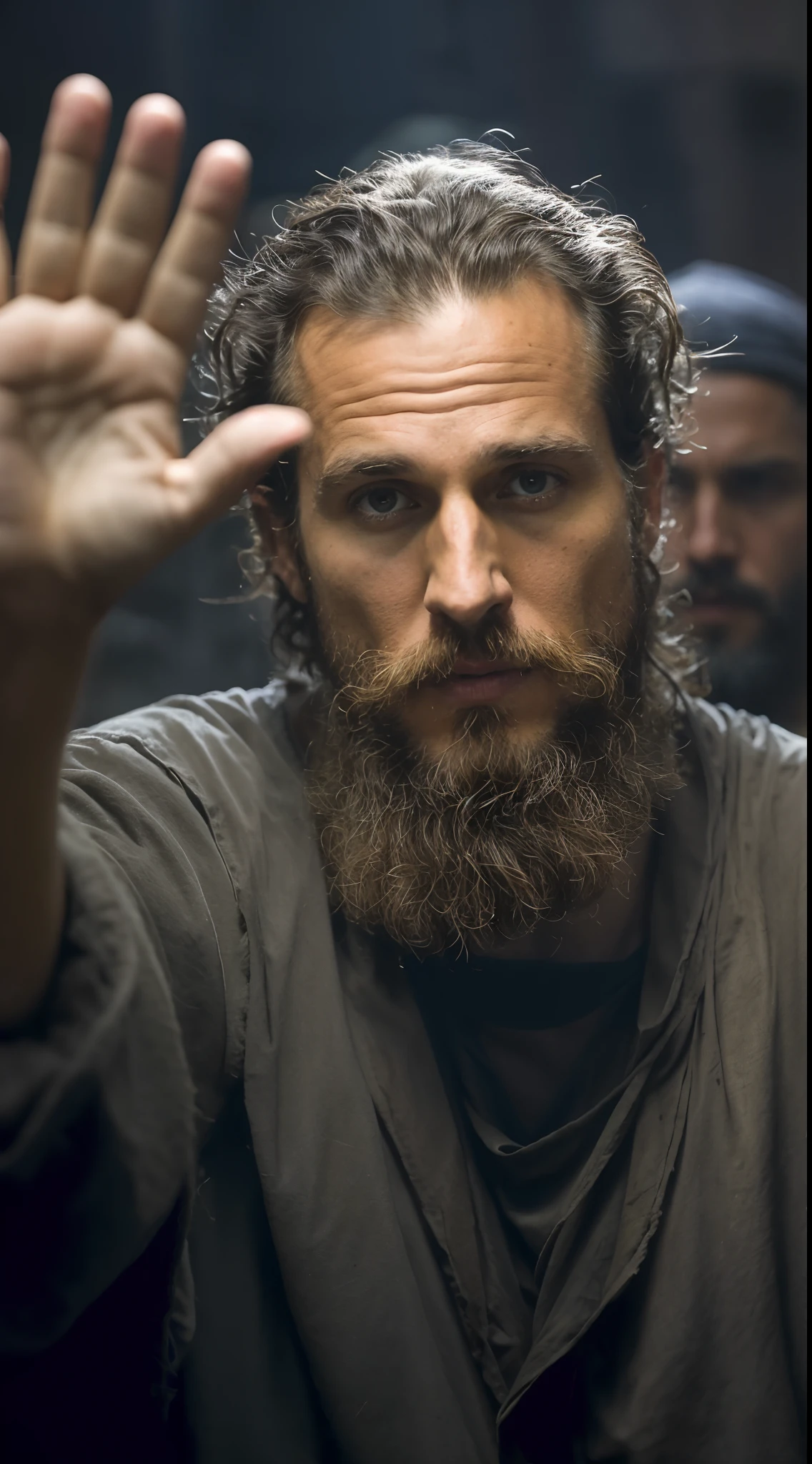 Foto RAW, foto retratoa close up of a person with a beard, a portrait, by Etienne Delessert, flickr, biblical epic movie, on ship, square, still image from tv series, his palms are sweaty, matthew mcconaughey, postapocalyptic, holy grail, 2015, monk, high quality upload, amazing character, on, sombras duras, Cinematic Shot, dramatic lighting