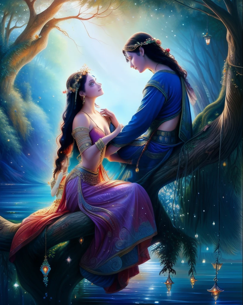 a painting of a couple sitting on a tree branch in the water, beautiful image, beautiful godrays, beautiful depiction, beautiful avatar pictures, beautiful fantasy, beautiful, beautiful dreamy breathtaking, beautiful art, very beautiful photo, josephine wall and pino daeni, romance fantasy movie, beautiful gorgeous digital art, fantasy beautiful, beautiful digital artwork, beautiful digital art, beautiful!!