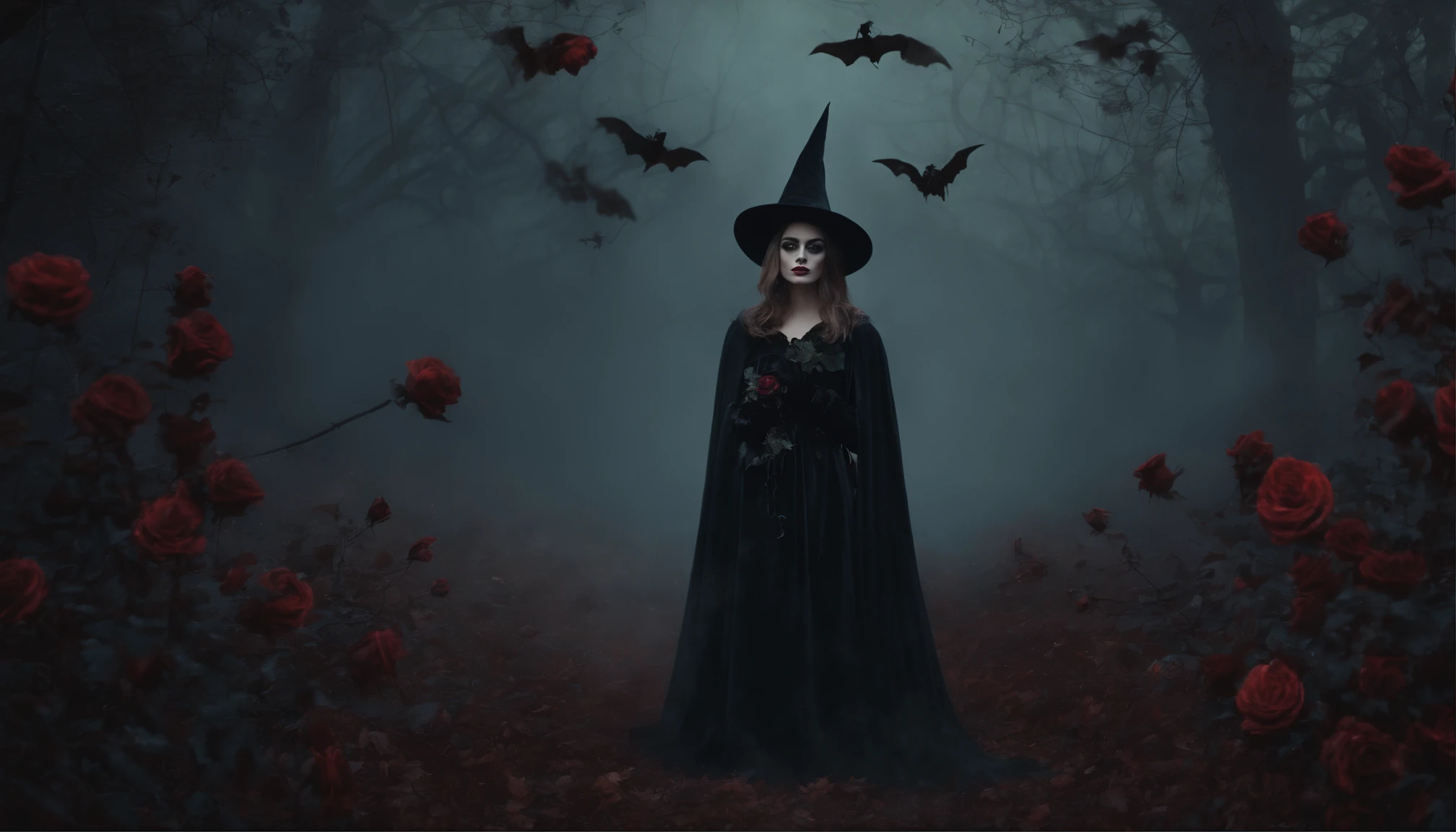 Pintura ART de pared, Dark Gothic Halloween Style Vintage. Design of an evil young witch in a dark fog forest filled with black withered roses.