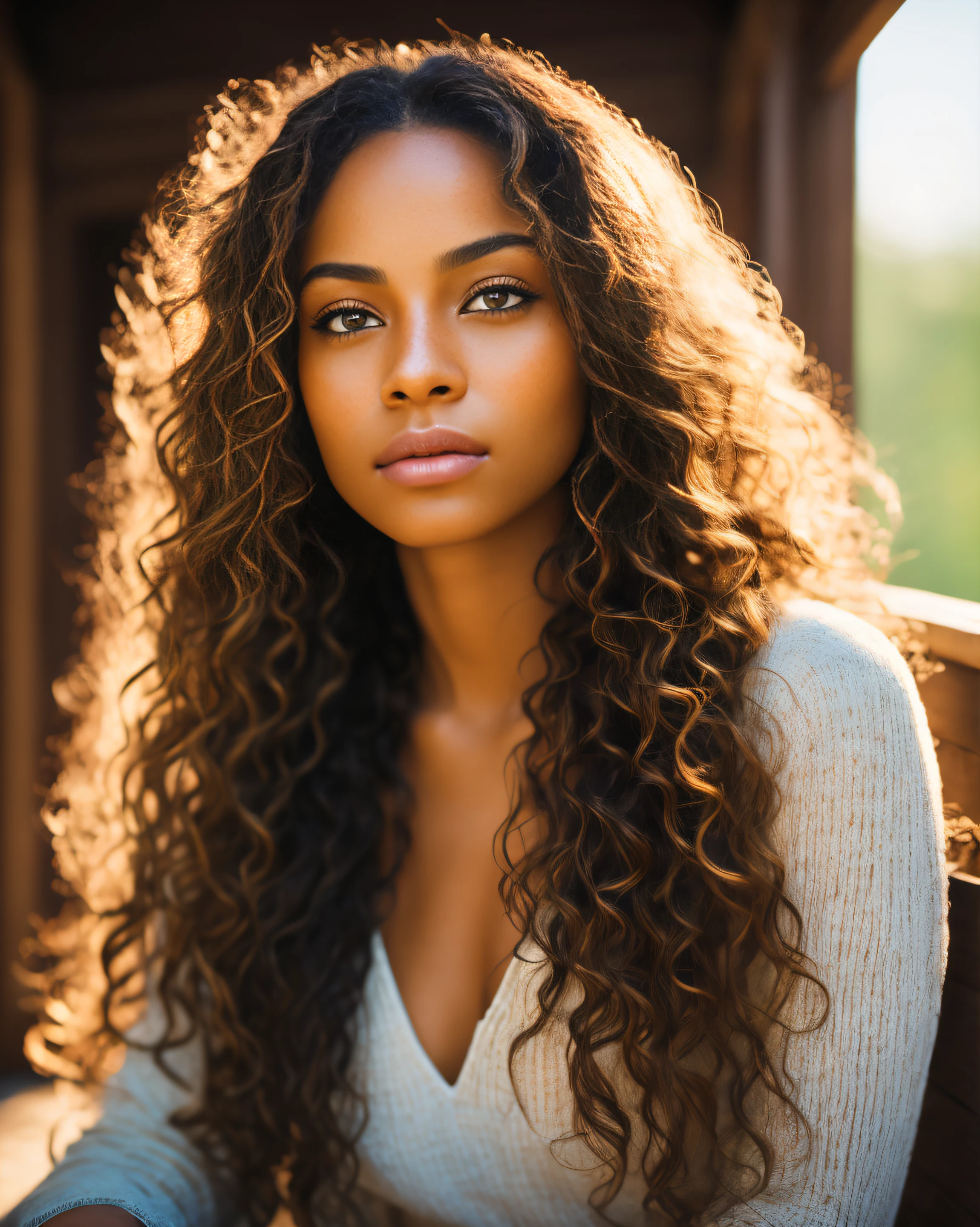 Detailed and realistic portrait of a mulatto woman, Round green eyes, long smooth hair, Shot from the outside, skin texture, Chapped Lips, soft natural lighting, portrait photography, 85 mm lens, magical photography, dramatic  lighting, photo realism, Ultra-detailed, intimate portrait composition, Cinestill 800T --testp --on 9:16 --upbeta –;