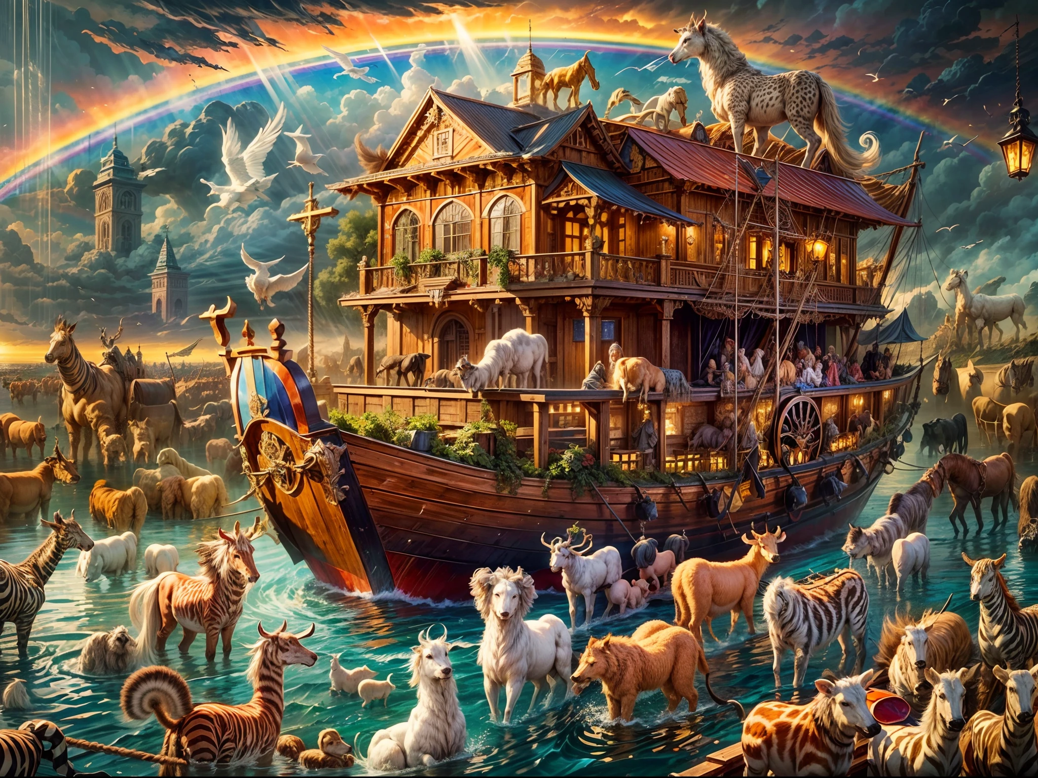 best quality,ultra-detailed,realistic,photorealistic:1.37,Noah's Ark,animal pairs all on the ark,floating on the water,crowded with animals,divine rays of light,stormy clouds,rainbow,peaceful atmosphere,varied textures,saturated colors,surreal lighting,impressive scale,architectural details,wooden structure,carefully crafted features,symbolic representation,profound religious significance,narrative elements,awe-inspiring presence,splendid composition,captivating scene,masterpiece:1.2