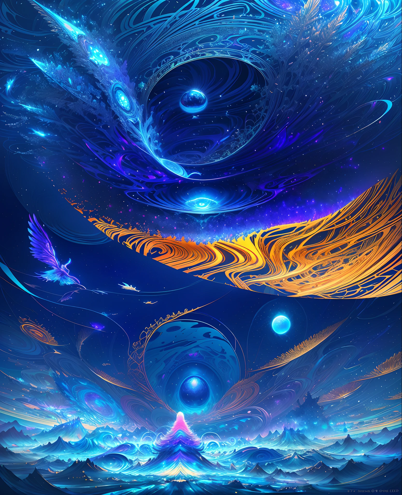 A girl stands on a moon-shaped object in the sky, dreams of an electric sheep, vague and dreamy illustration, calm night. Digital illustration, blurry and dreamlike illustration, Amédée Ozenfant, fantastic illustration in astral plane )), color plane surreal and ethereal, in the realm of the universe, in surreal dreamscapes, light and shadow, waves, multi-layered, foreground, vista, fractal thunder Dan Mumford, Dan Mumford and Alex gray style, psychedelic surrealist art, surrealist psychedelic design, fantasy art style, illusion psychedelic art, infinite psychedelic waves, inspired by Cyril Rolando ( Cyril Rolando), authentic ripple structure, psychedelic art style, psychedelic art, psychedelic illustration - V6