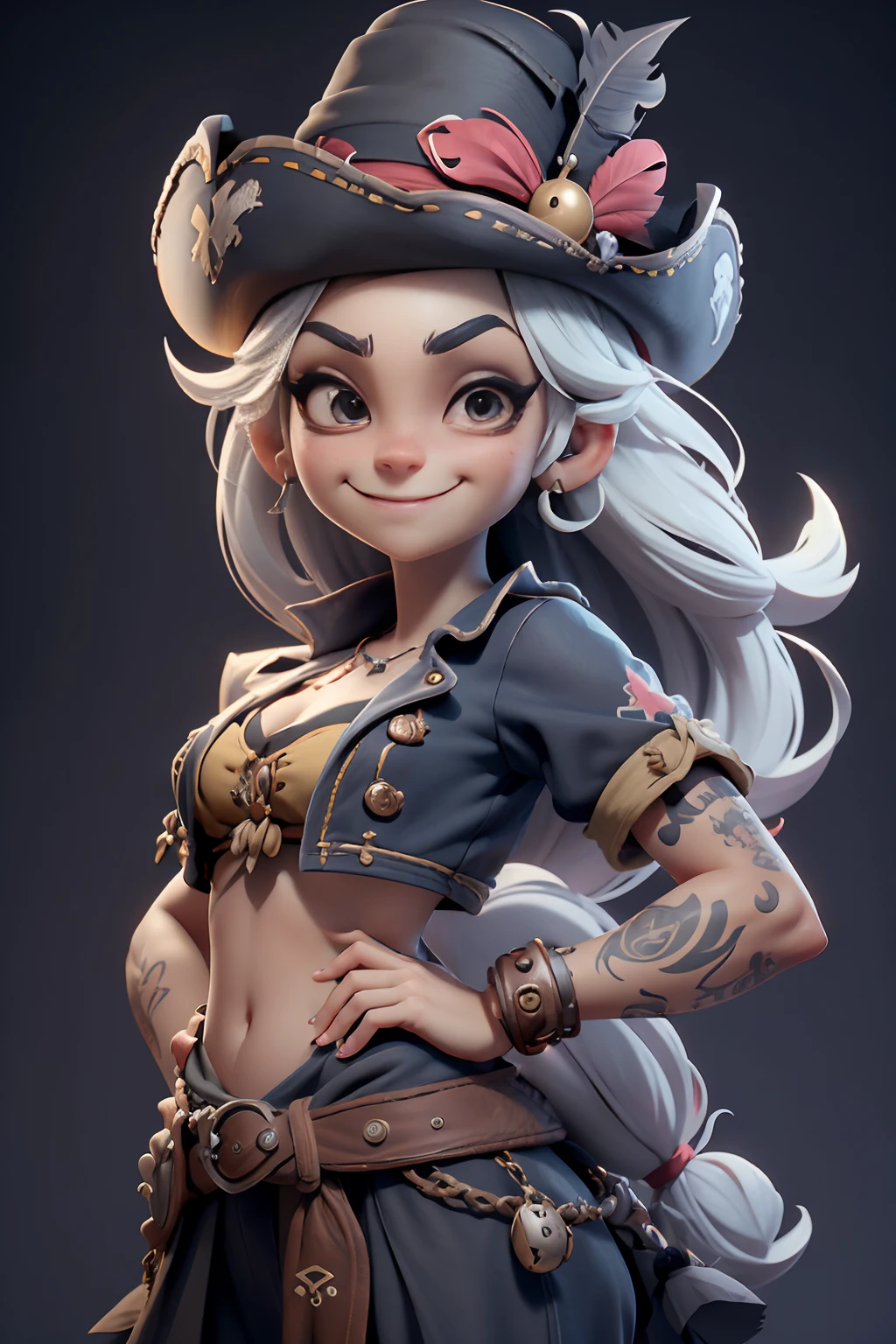 Development of animated characters in the style of 3D Pixar, Different facial expressions of a cheerful pirate girl in a very wide hat with feathers, tattoo on the arm, Character Sheet, Drawing, Реалистичный 3D-рендеринг, high resolution texture, dramatic lighting, Expressive Caricature, Different facial expressions with a smirk, dramatic, A Rich Perspective. a closeup of a.