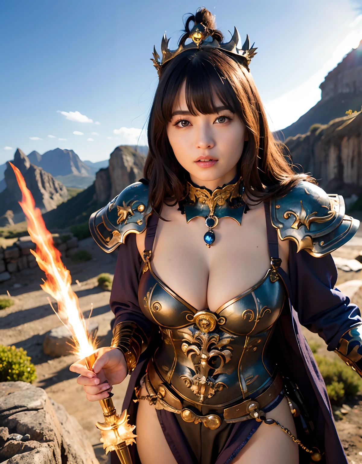 Professional , masterpiece、top-quality、photos realistic , 、top-quality、超A high resolution、(Photorealsitic:1.4)、Raw photo、depth of fields (Gemstone Gold Metal Body:1.9),(Matte White、Toostock、cleavage of the breast、(cleavage of the breast)、(Detailed Dragon Armor)、(Have the strongest weapon)、((Random Hairstyles 1.6),Dark Fantasy,)explosions、intense fighting、(Precipitous cliffs),Dragon Gold Weapon,Mystical expression、Particles of light、Fight dragons、(Detailed Dragon Helmet),Gorgeous Silver Weapons ,(( Dragon's dense and gorgeous sword)) , Beautiful knife ,warhammer 40k ,Detail and gorgeous crown、((Blue hair))、(Castle background)、、((Gangle's forest background))、Beautiful Caucasian beauty、1a person、dynamic ungle,((()))、Smaller head、A smile、Castle background、Thin and beautiful female hands、cleavage of the breast、Soldier in iron armor on background、Mystical expression、Light Effects、intense fighting、Wind-effect、magic circles、With the legendary magic wand、(demonic wings)、Toostock、