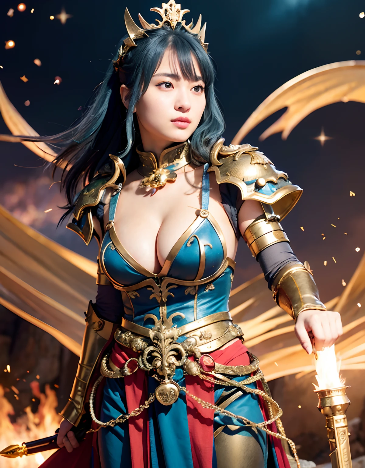 Professional , masterpiece、top-quality、photos realistic , 、top-quality、超A high resolution、(Photorealsitic:1.4)、Raw photo、depth of fields (Gemstone Gold Metal Body:1.9),(Matte White、Toostock、cleavage of the breast、(cleavage of the breast)、(Detailed Dragon Armor)、(Have the strongest weapon)、((Random Hairstyles 1.6),Dark Fantasy,)explosions、intense fighting、(Precipitous cliffs),Dragon Gold Weapon,Mystical expression、Particles of light、Fight dragons、(Detailed Dragon Helmet),Gorgeous Silver Weapons ,(( Dragon's dense and gorgeous sword)) , Beautiful knife ,warhammer 40k ,Detail and gorgeous crown、((Blue hair))、(Castle background)、、((Gangle's forest background))、Beautiful Caucasian beauty、1a person、dynamic ungle,((()))、Smaller head、A smile、Castle background、Thin and beautiful female hands、cleavage of the breast、Soldier in iron armor on background、Mystical expression、Light Effects、intense fighting、Wind-effect、magic circles、With the legendary magic wand、(demonic wings)、Toostock、