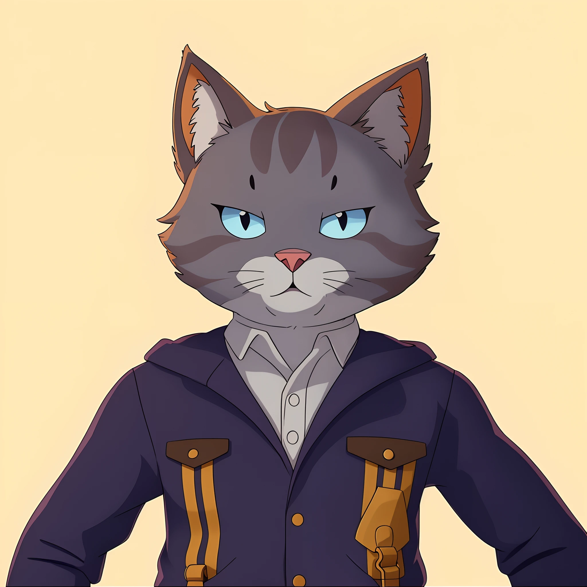 There's a cat with a blue shirt and a black vest, Retrato de personagem peludo, um Clube do Gato, personagem peludo, Clube do Gato, Personagem altamente detalhado, anthropomorphic female cat, Gatopomórfico Club, Retrato de um clube, generic furry style, bonito weasel fursona retrato, sem linha, ninja do Clube do Gatomorfo