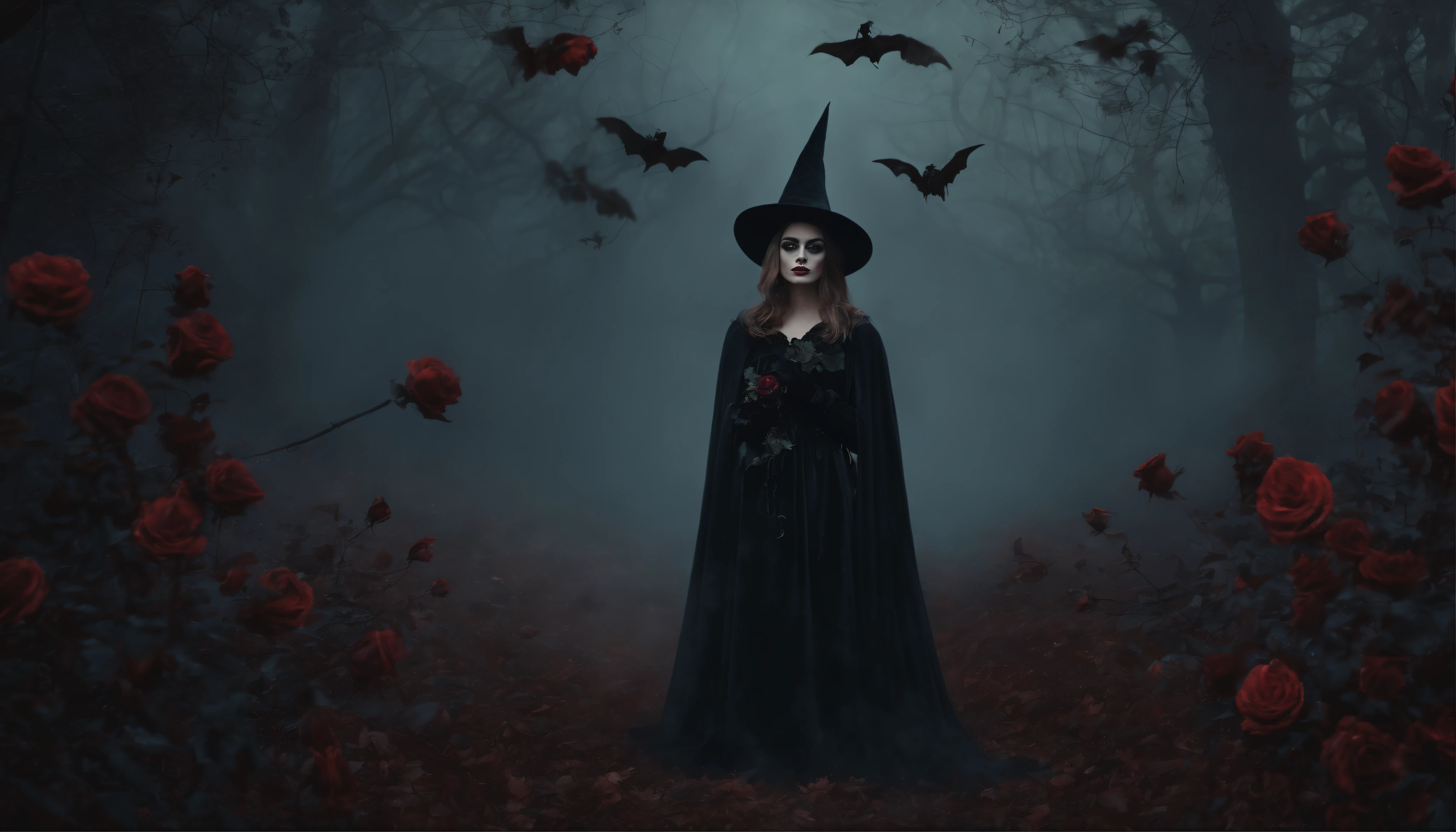 Pintura ART de pared, Dark Gothic Halloween Style Vintage. Design of an evil young witch in a dark fog forest filled with black withered roses.