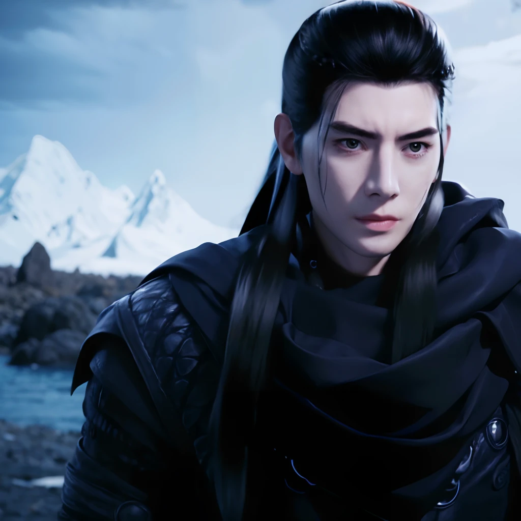 a man with a black hair and a black outfit and a black scarf and a black hoodie and a black and white background, (seaside:0.872), (black hair:0.758), (blurry:0.926), (blurry background:0.703), (brown eyes:0.562), (depth of field:0.625), (long hair:0.855), (outdoors:0.541), (scarf:0.989), (snow:0.925), (solo:0.886), (upper body:0.683)