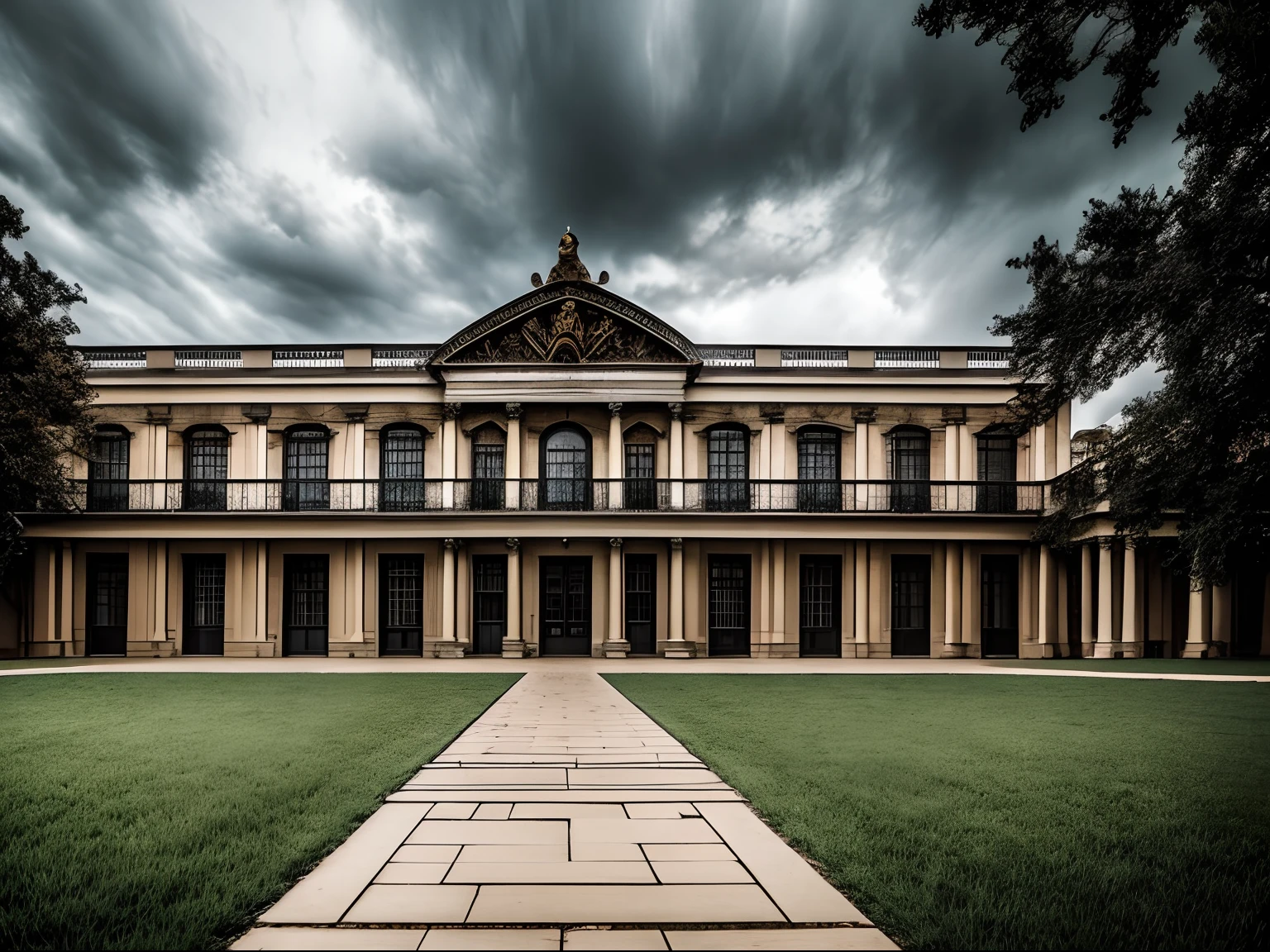 exterior, perspective, Baroque style, school, overcast sky, magic, thunder