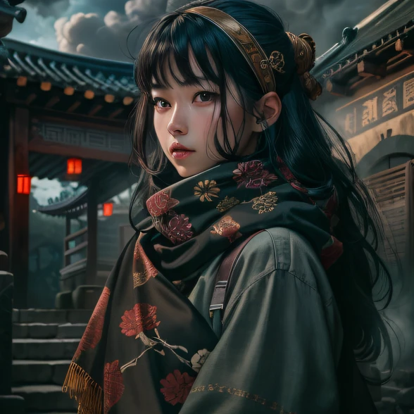 Side 32K,exteriors,Roof,People are small(tmasterpiece,k hd,hyper HD,32K)Long flowing glossy black hair,Tang dynasty complex,zydink, a color,mid afternoon(canyons), (Linen batik scarf), Combat posture, looking at the ground, Linen bandana, Chinese python pattern long-sleeved garment, Morning(Abstract gouache splash:1.2), Dark clouds lightning background,sprinkling(realisticlying:1.4),Black color hair,The dust is blowing,Background fog, A high resolution, the detail, RAW photogr, Sharp Re, Nikon D850 Film Stock Photo by Jefferies Lee 4 Kodak Portra 400 Camera F1.6 shots, Rich colors, ultra-realistic vivid textures, Dramatic lighting, Unreal Engine Art Station Trend, cinestir 800,Flowing shiny black hair,(((National style building)))Full-body side