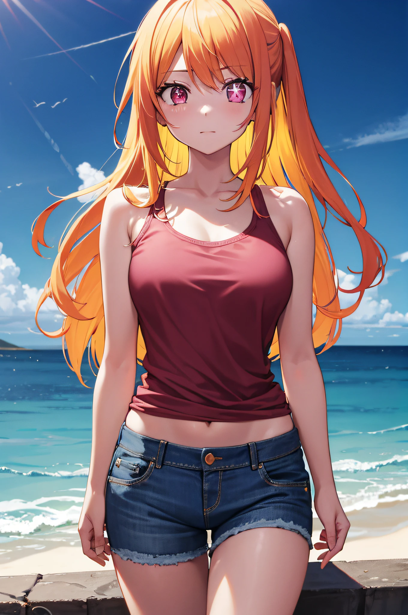 1girl, ruby hoshino, (yellow hair:1.5), long hair, (pink eyes:1.5), sidelocks, (Star pupil in left eye:1.3), (Pink right eye:1.3),
BREAK Triangle Red Bikini, (Short denim pants:1.1), medium breasts, Naked, Exposed skin, Wet skin, 
BREAK (sea:1.2), beach, (solar:1.2), morning,
BREAK looking at viewer, 
BREAK (masterpiece:1.2), best quality, high resolution, unity 8k wallpaper, (illustration:0.8), (beautiful detailed eyes:1.6), extremely detailed face, perfect lighting, extremely detailed CG, (perfect hands, perfect anatomy)