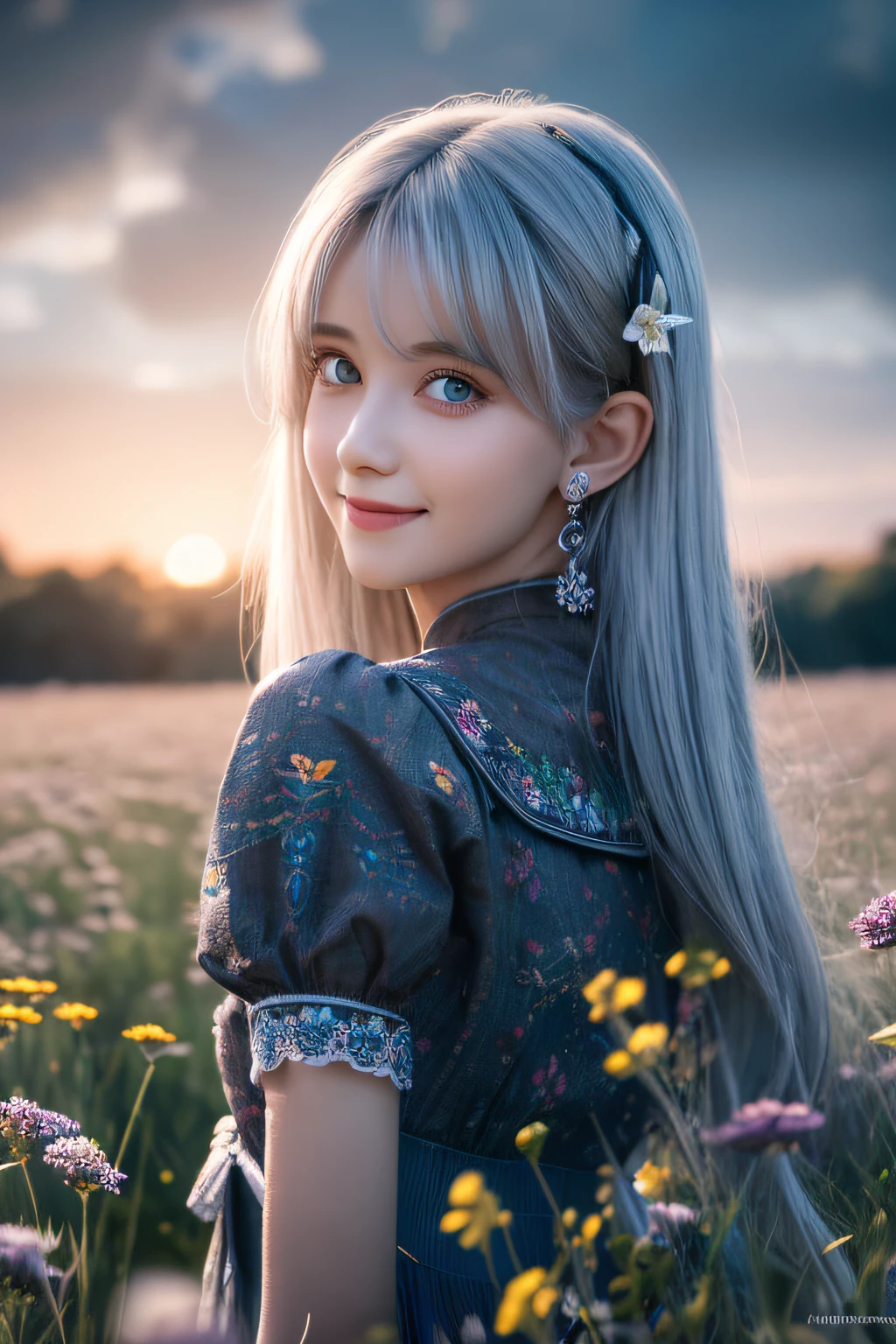 Masterpiece, Best quality,, 1girll, (Colorful),(finely detailed beautiful eyes and detailed face),Cinematic lighting,Bust Up Shot,Extremely detailed Cg Unity 8K wallpaper,White hair,Solo,Smile,Intricate skirt,((flying petal)),(Flowers meadow), sky, Cloudy_sky, Building, Moonlight, Moon, Night, (Dark theme:1.3), Light, fantasy,