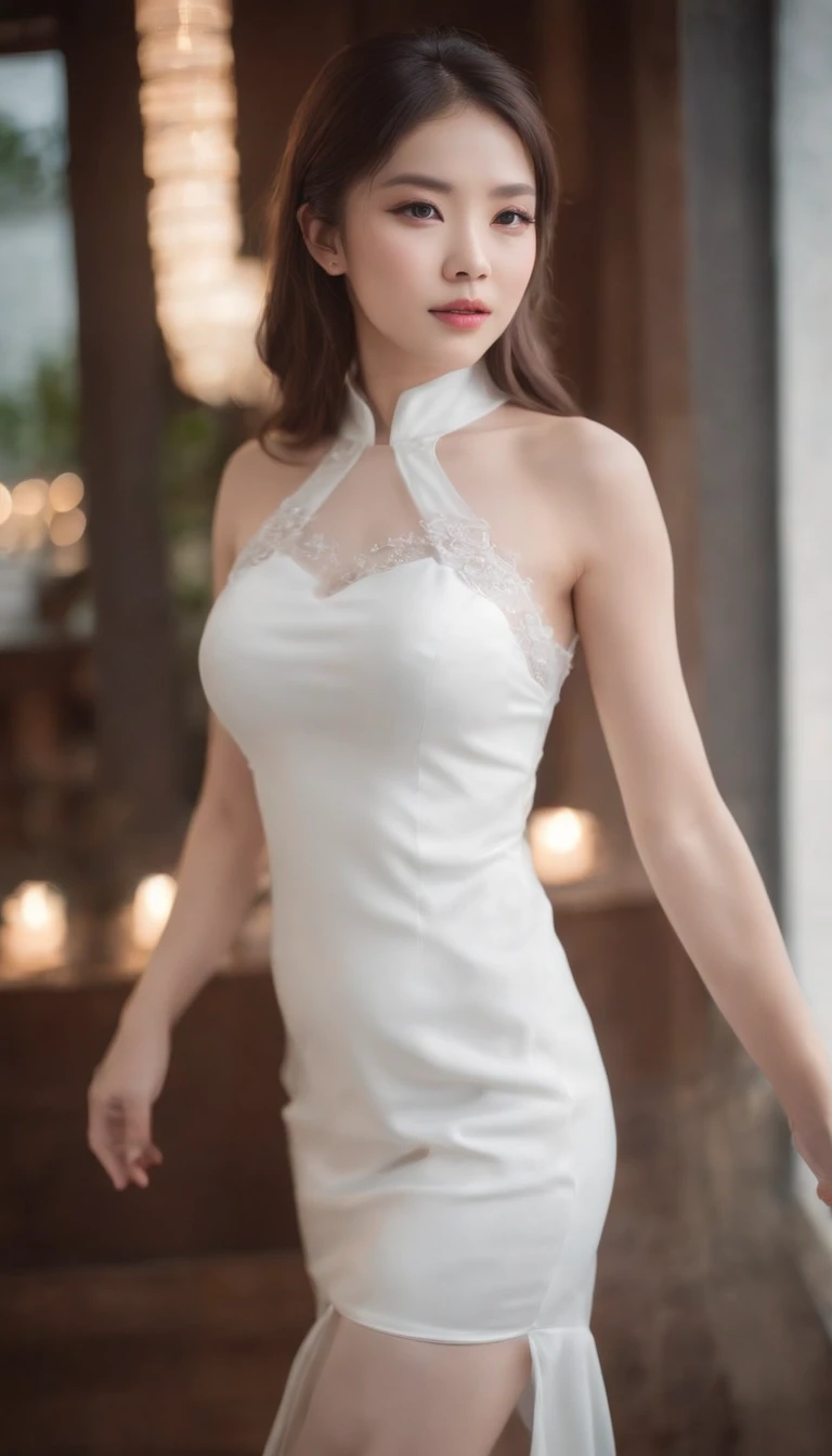 best quality,symmetry,realistic,real life,photography,masterpiece,best quality,8K,HDR,(absurdres:1.2),night,Kodak portra 400,film grain,(bokeh:1.2),lens flare,(1girl:1.5),(looking at viewer ),large breasts,(zettai ryouiki:1.2),(full body:1.3),(white dress:1.3),silk stockings,high stockings,Cheongsam, black latex leggings, shiny leggings