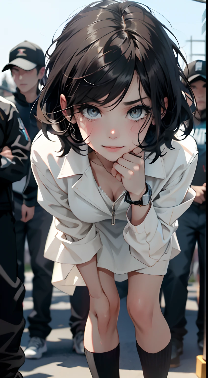 1girl((top-quality)), ((masterpiece)), 、A smile、 Pitch Resuit、knee high,white、Adult Woman、 Sobbing tears、、 short-cut、see through、dress lift、l、Race Queen、A slender、 , master paintings, best quality, Photorealistic, ultra-detailliert, (shiny skins, perspired:1.4), Look at the big crowd, With short black hair, Brown-eyed,slender,dynamic light and shadow,hight resolution,Sharp Focus,depth of view,The eyes are delicate,Sharp pupils,pupil realistic,(Colossal tits),、A slender,outside of house,Skysky,Wearing a grid_girl outfit with sponsor's logo printed, (standing in a motorsport racing)+,, left hand on waist, full body , standing 12 feet away from the camera, black and white shoes , feet visible,