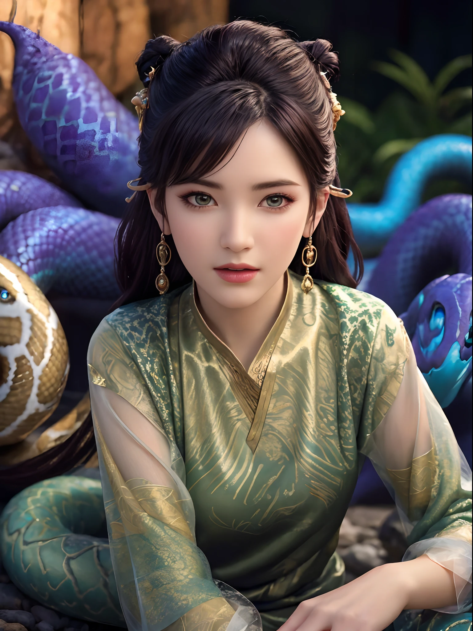 (best quality,4k,8k,highres,masterpiece:1.2),ultra-detailed,(realistic,photorealistic,photo-realistic:1.37),snake woman hybrid,beautiful detailed eyes,beautiful detailed lips,extremely detailed eyes and face,long eyelashes,scales covering the body,slithering movement,serpentine lower body,elegant and graceful posture,mesmerizing gaze,curved fangs,exotic and mesmerizing beauty,dark and mysterious aura,mythical creature,creature of legends,ethereal and otherworldly,iridescent scales,cold-blooded charm,shimmering patterns,alluring skin texture,enchanted forest background,serpent-like hair,seamless integration of woman and snake,secrets of the serpent world,elusive and enigmatic,serpent's hypnotic dance,charmingly dangerous,duality of femininity and serpentine power,wisdom and temptation,beautifully venomous,exotic flora and fauna intertwined,undulating motion,dynamic composition,artistically surreal,unleashing hidden powers,transformation and metamorphosis,unconventional beauty,unique and captivating,meticulously crafted masterpiece,awe-inspiring presence,vivid colors,soft and diffused lighting,impeccable attention to detail