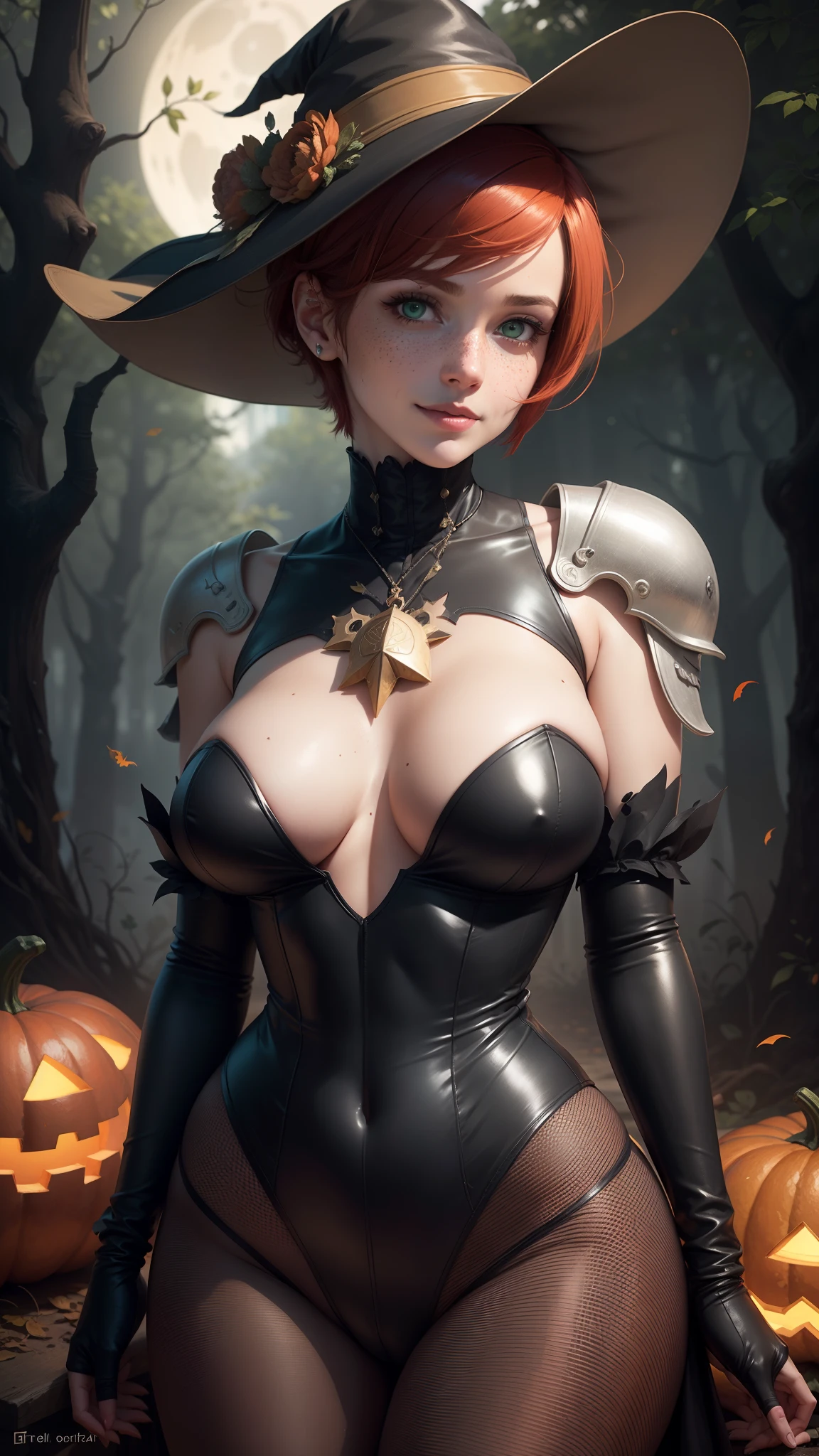 gwen tennyson,tracer,yorha 2b,rebecca chambers,atelier ryza,nier automata,1girl, close up,mecha pilot,halloween forest, golden and red plugsuit,hair pin,pirate corset,silver long sleeve lycra top,fishnet leggings,short hair,cute makeup, green eyes,red and gold hair,shy smile, freckles,redhead,beautiful girl,large breasts,ultra detailed,realistic,fantasy art,long victorian dress,steel armor, halloween pumpkin,moonlight,witch cloak,neck and head jewelry,witch hat, magic wand,