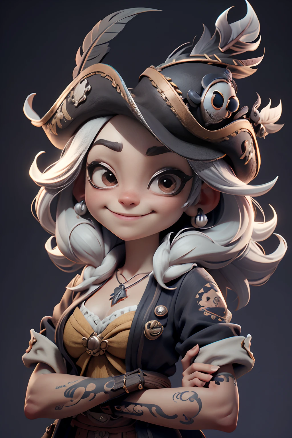 Development of animated characters in the style of 3D Pixar, Different facial expressions of a cheerful pirate girl in a very wide hat with feathers, tattoo on the arm, Character Sheet, Drawing, Реалистичный 3D-рендеринг, high resolution texture, dramatic  lighting, Expressive Caricature, Different facial expressions with a smirk, dramatic, A Rich Perspective. a closeup of a.