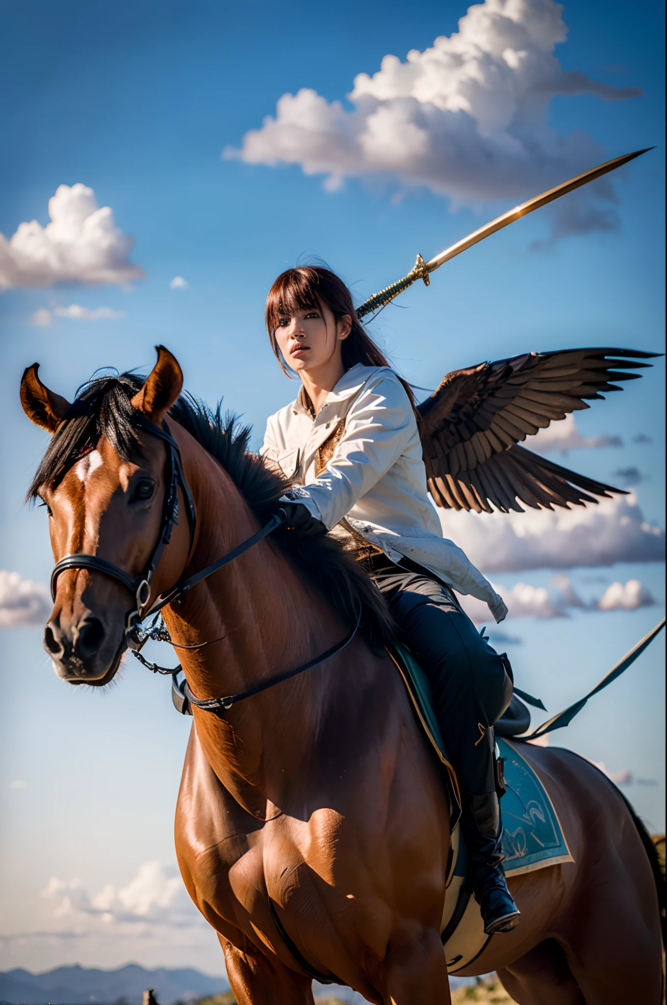 (best quality,4k,8k,Altas,master part:1.2),ultra-detalhado,(Realistic,fotorrealista,photo-realistic:1.37),Anjo Forte com Armadura Celestial,Espada de Escudo,sete asas,Pronto para a batalha,retrato,heroic,cores brilhantes,etherial lighting