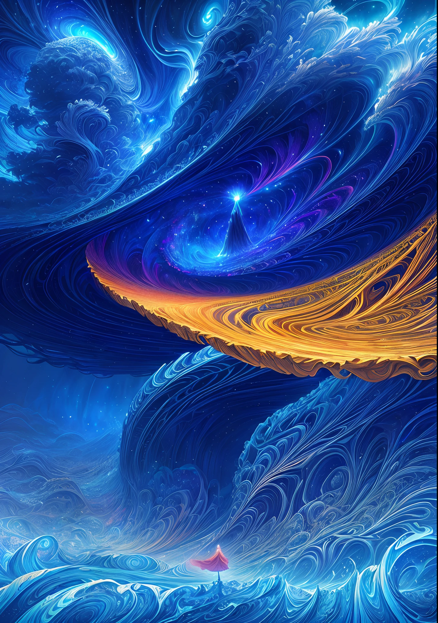 A girl stands on a moon-shaped object in the sky, dreams of an electric sheep, vague and dreamy illustration, calm night. Digital illustration, blurry and dreamlike illustration, Amédée Ozenfant, fantastic illustration in astral plane )), color plane surreal and ethereal, in the realm of the universe, in surreal dreamscapes, light and shadow, waves, multi-layered, foreground, vista, fractal thunder Dan Mumford, Dan Mumford and Alex gray style, psychedelic surrealist art, surrealist psychedelic design, fantasy art style, illusion psychedelic art, infinite psychedelic waves, inspired by Cyril Rolando ( Cyril Rolando), authentic ripple structure, psychedelic art style, psychedelic art, psychedelic illustration - V6