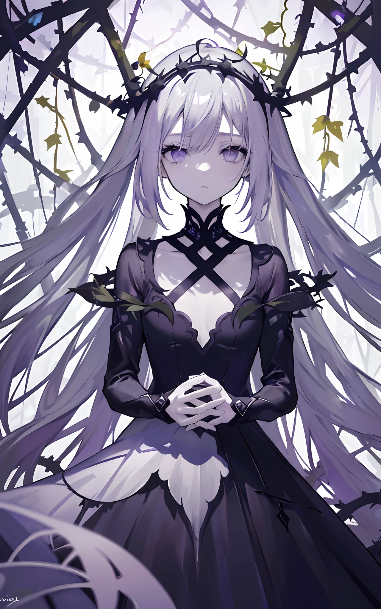 ((masterpiece:1.4, best quality))+, (ultra detailed)+,(ultra detailed eyes)+,
(cute 1girl),,(violet eyes:1.15),silver hair, very long hair,(wariza:1.2),pale skin,closed mouth,sad,
(She is dressed in a gown made of intertwining vines:1.5),(flat chest:1.2),(vines dress:1.4),(dress made of vines:1.2),(surrounded by vines:1.4),
(despair:1.3),gothic,
(dark yellow vines:1.3),leaves,(vines tree:1.1),
(dawn light:1.2),violet,
(heavy Monochrome:1.16),(depth of field:1.4),