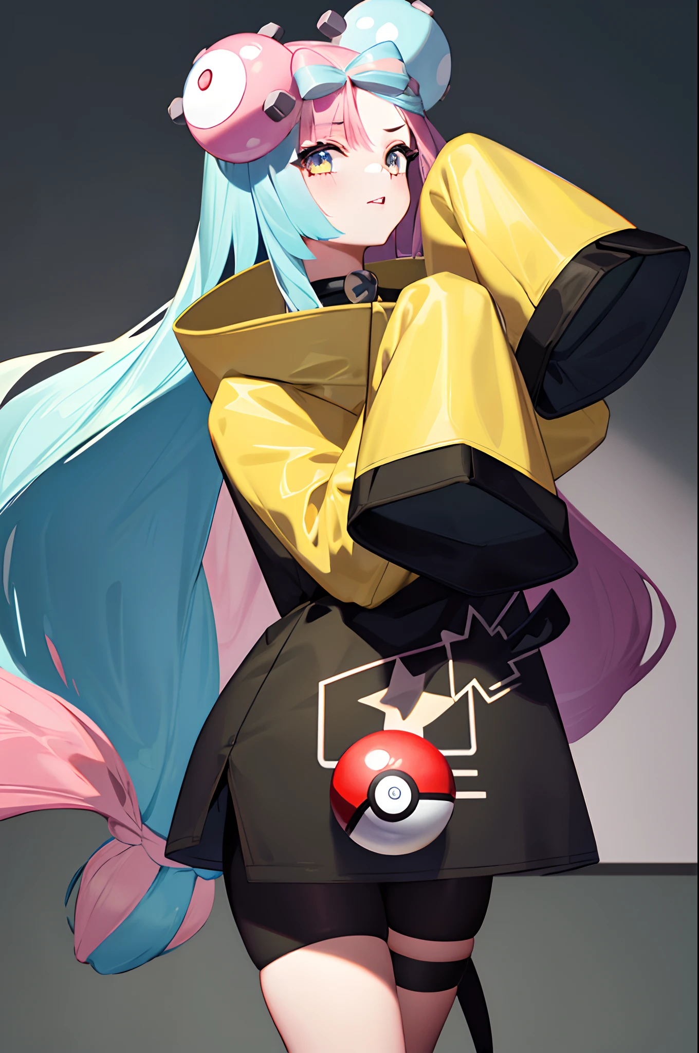 masterpiece, best quality, highres, iono1, 1girl, long hair,  hair ornament, long sleeves, cowboy shot, (holding poke_ball), poke ball \(basic\),