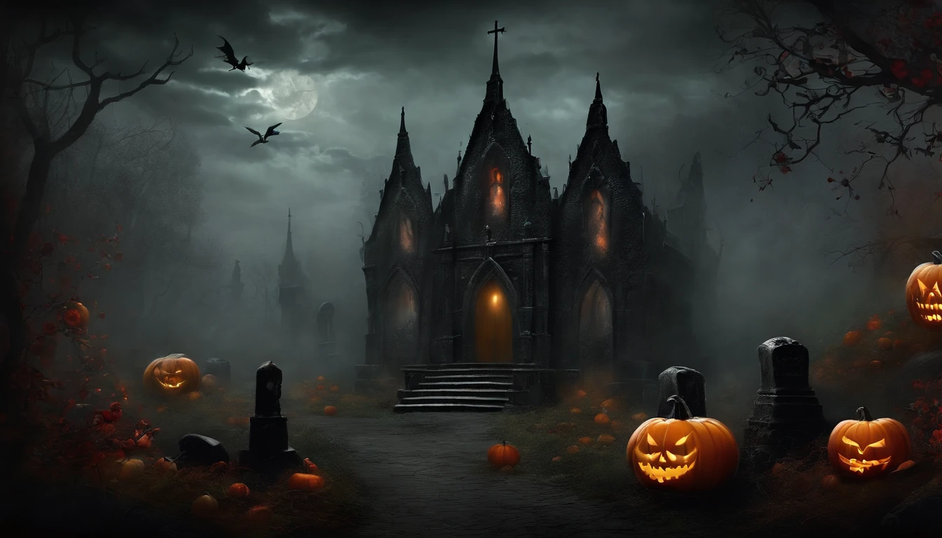 Pintura ART de pared, Dark Gothic Halloween Style Vintage. Dark Mist Forest Design with Tombs of the Dead, calabazas, skulls, y rosas marchitas negras.