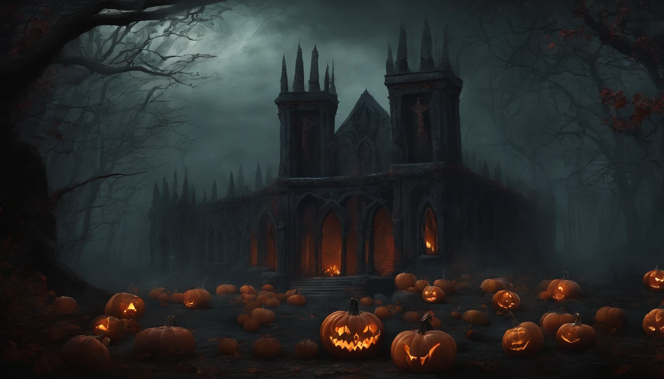 Pintura ART de pared, Dark Gothic Halloween Style Vintage. Dark Mist Forest Design with Tombs of the Dead, calabazas, skulls, y rosas marchitas negras.