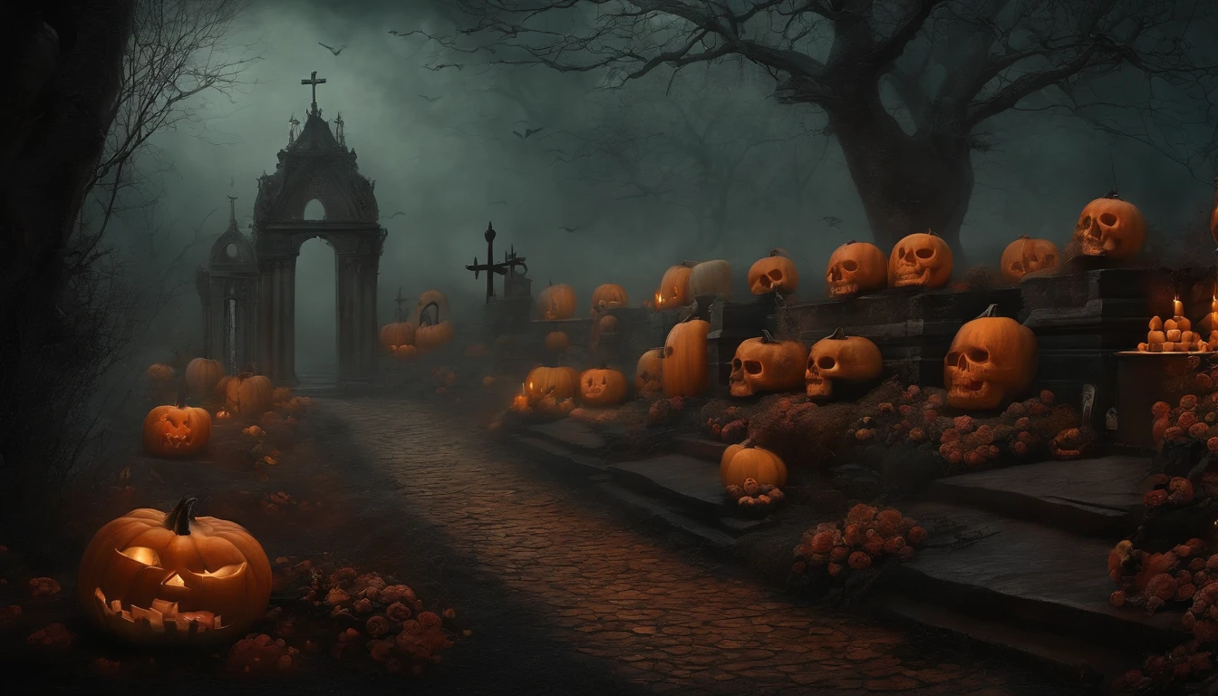 Pintura ART de pared, Dark Gothic Halloween Style Vintage. Dark Mist Forest Design with Tombs of the Dead, calabazas, skulls, y rosas marchitas negras.