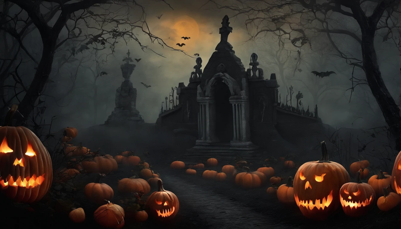 Pintura ART de pared, Dark Gothic Halloween Style Vintage. Dark Mist Forest Design with Tombs of the Dead, calabazas, skulls, y rosas marchitas negras.