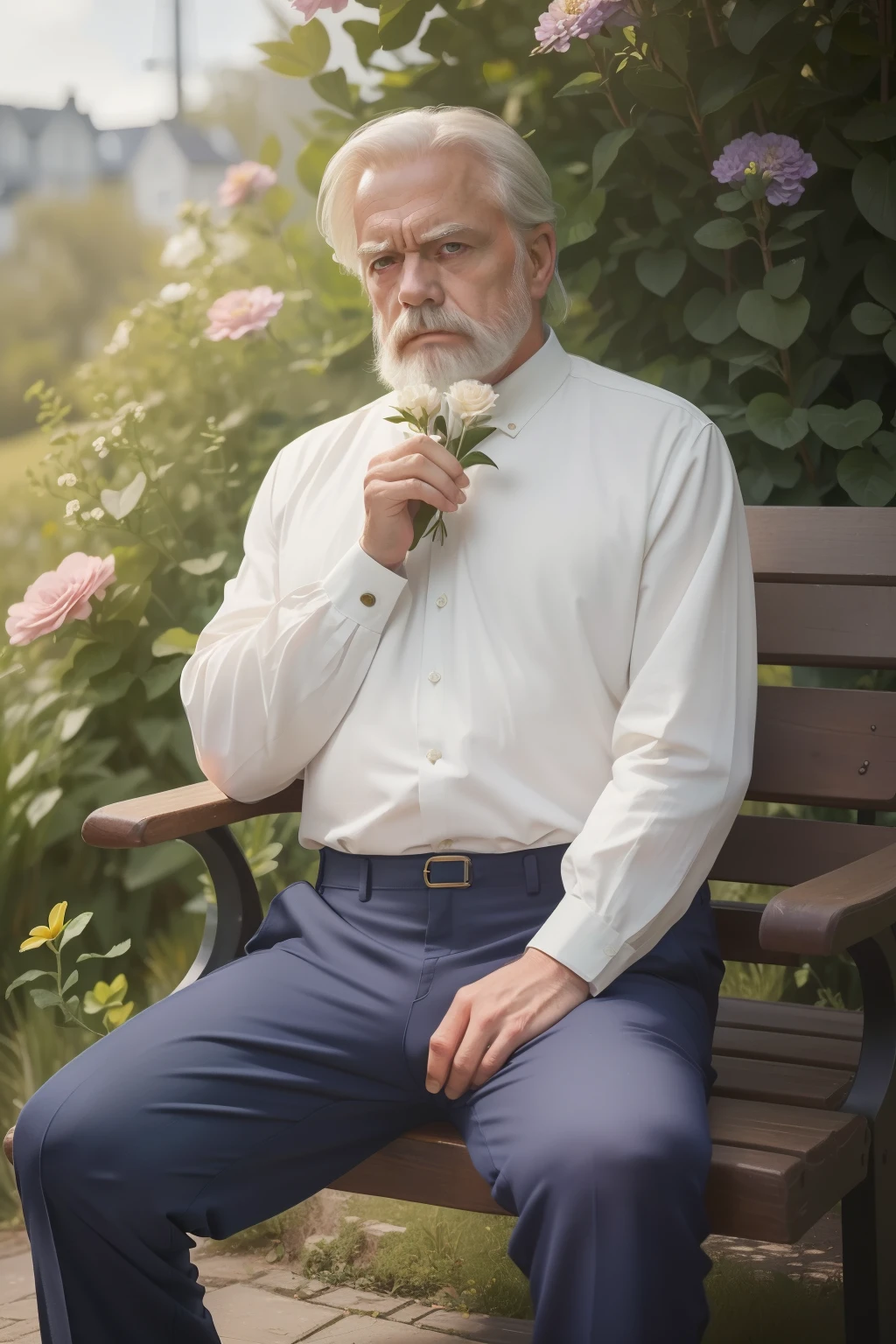 year: 2023. Location: Sweden. Pre-Raphaelite 59-year-old man, ((clean classic look)), ((grumpy)) ((strict)), sitting in a solitary bench, ((holding a flower)), ((((Clothing from the 2020s, trousers and jersey)))) ((Hairstyle of the 2020s)), pastel colors, (((cinematic style)))