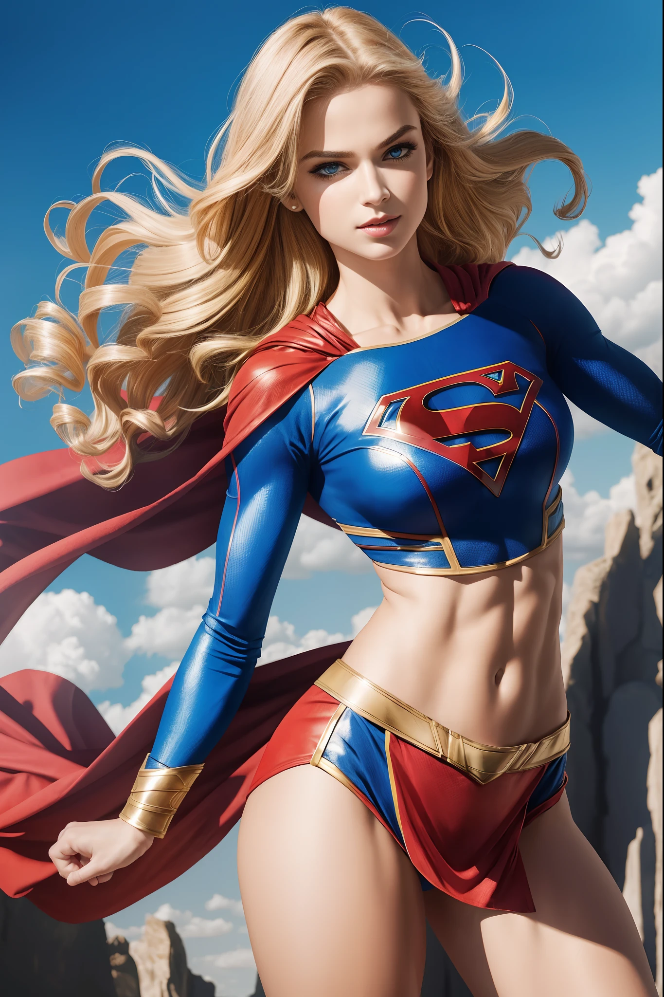 photo of late teenage supergirl in her iconic superman costume in the form of large breasts topless with tiny bikini bottoms with muscular arms and ripped abdominal muscles standing on the beach, long blonde hair blowing in the beach breeze, realistic skin tones, photorealistic, cinematic, blue skies in background with waves crashing on the shore.