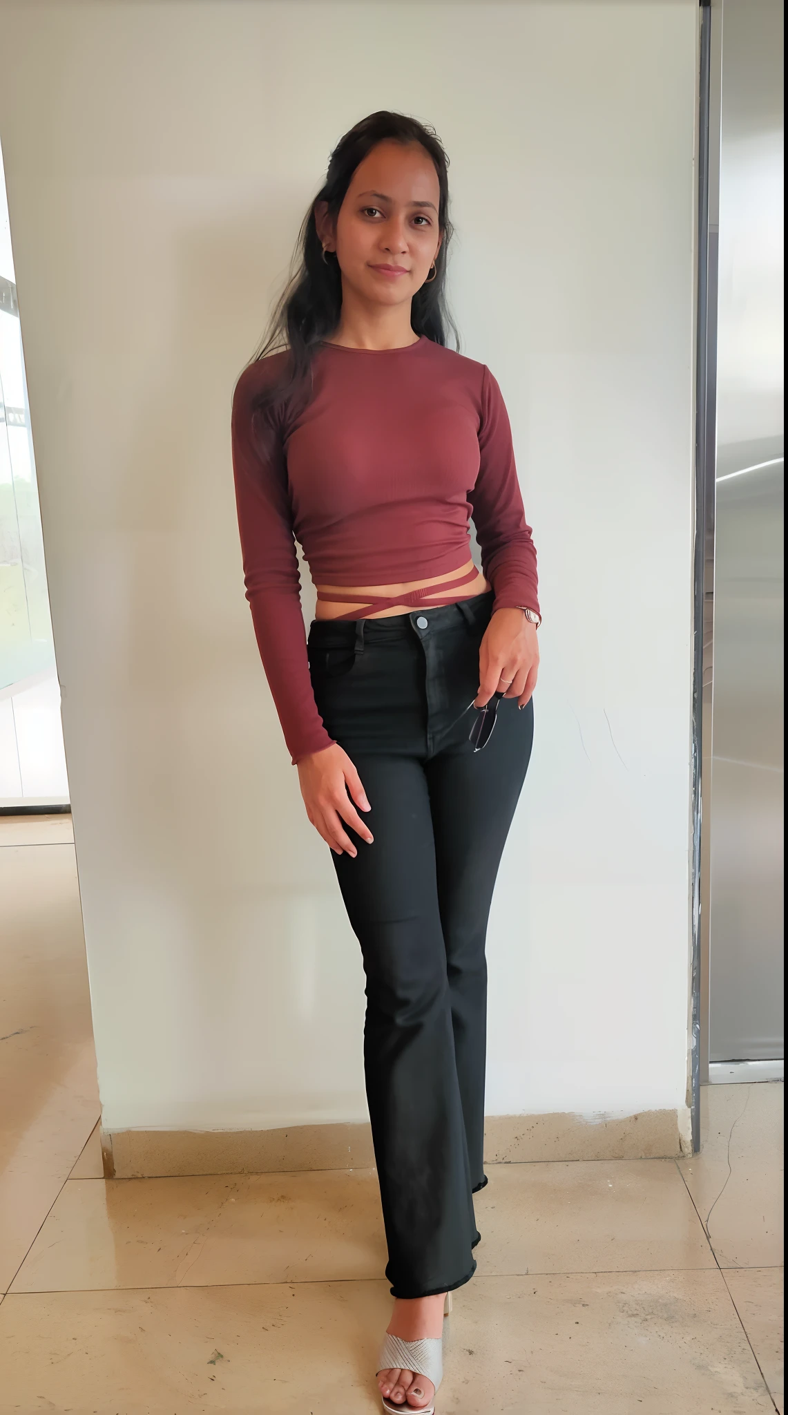 there is a woman standing in a room with a refrigerator, wearing a sexy cropped top, full body picture, skinny waist and thick hips, wearing crop top, wearing a cropped top, wearing a cropped tops, wearing tight simple clothes, tight fit, cropped wide sleeve, wearing a cute top, wearing a crop top, frontal pose, half body cropping, casual pose