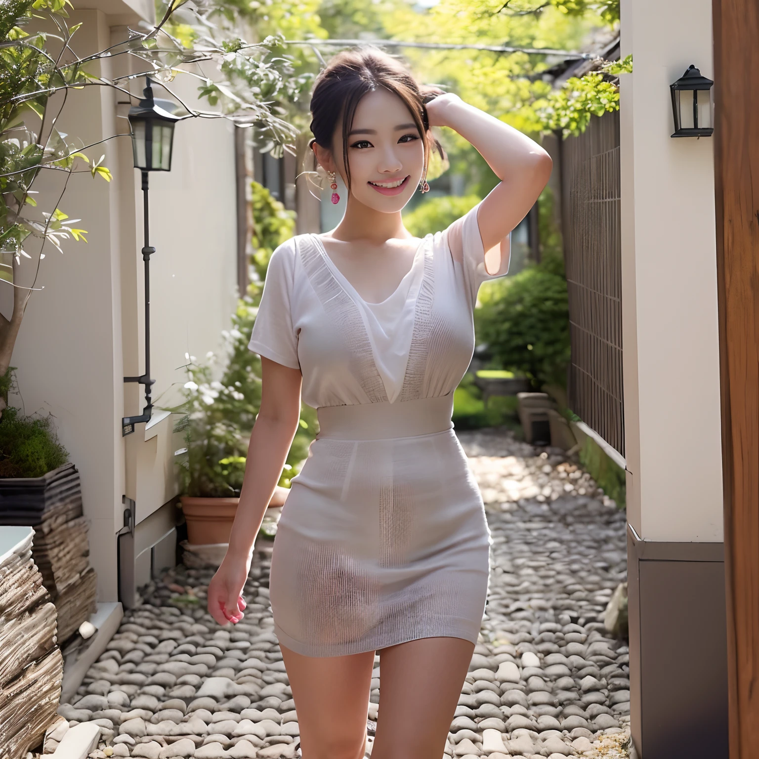 (Happiness like a goddess:1.2)、Kpop Idol、20yr old、Brown-eyed、short-hair、(Raw photography:1.2)、(photoRealstic:1.4)、(masuter piece:1.3)、(intricate detailes:1.2)、Delicate、Beautiful and detailed、(A detailed eye)、(detailed facial features)、The shirt、tight skirts、Tall lady、小柄、large full breasts、big breasts thin waist、Skin is tight、(Behold)、from the front side、Large circle earrings、Slim legs、(skiny)、(supreme)qulity:1.4)、(超A high resolution:1.2)、cinematric light、outside of house、(highly detailed figure)、(lipgloss、Eye lashes、top-quality、超A high resolution、depth of fields、Caustics、Wide-area lighting、Natural Shading、85 mm、F/ 1.4、ISO 200、1/160s:0.75)、dynamicposes、