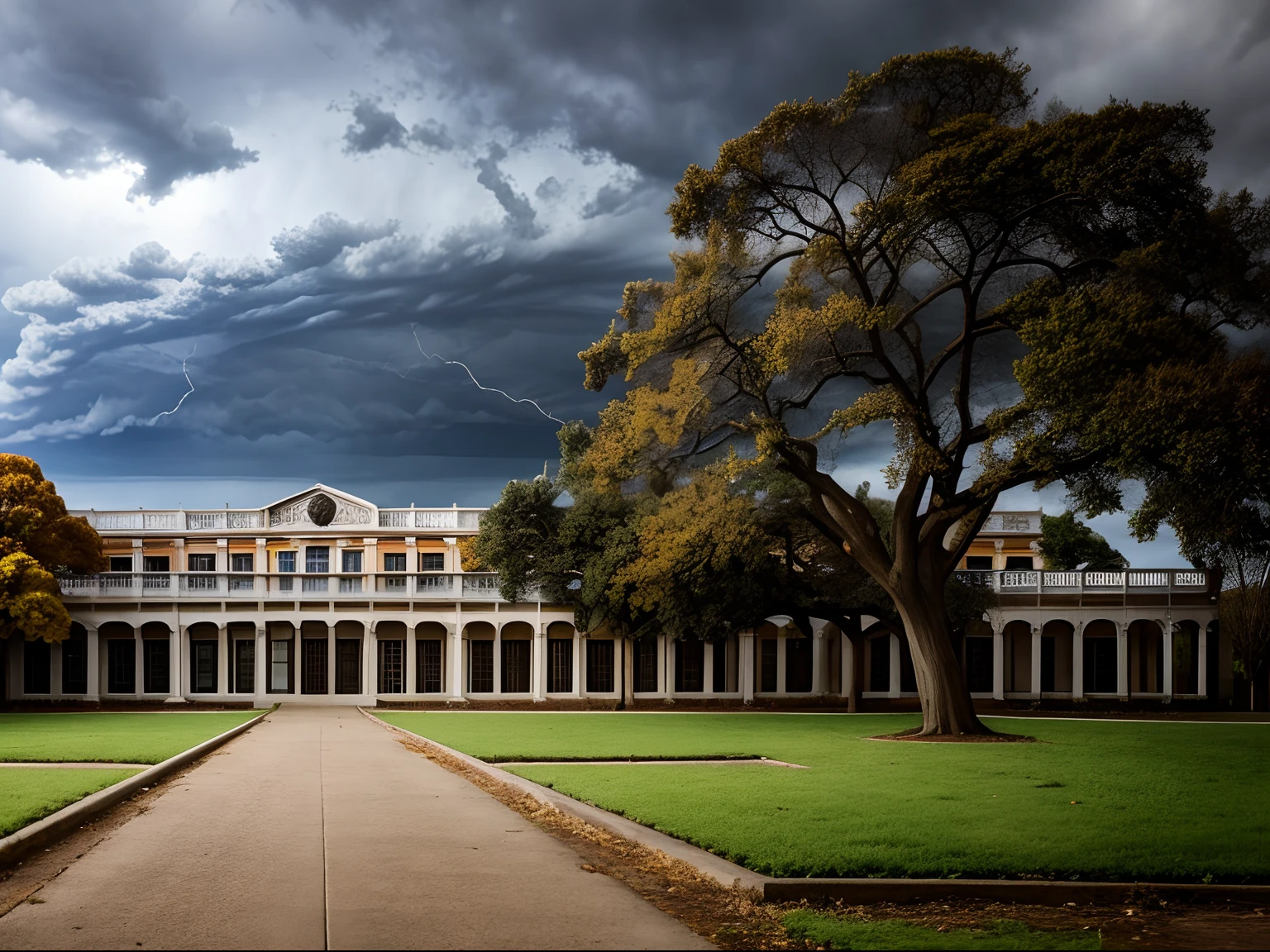 exterior, perspective, Baroque style, school, thundering sky, leafless tree