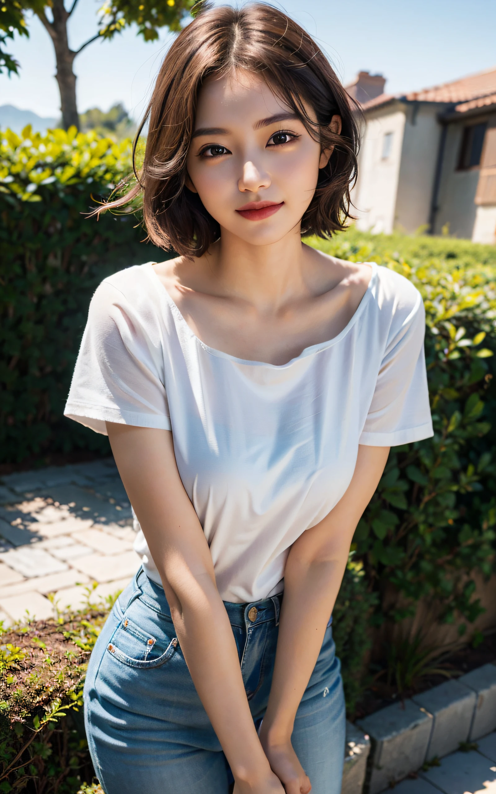 (Masterpiece:1.3), (8k, Photorealistic, RAW Photography, Best Quality: 1.4), soft light, professional lighting, 1girl, neat and clean beauty, shy, tsmile, Brown short hair, outdoors