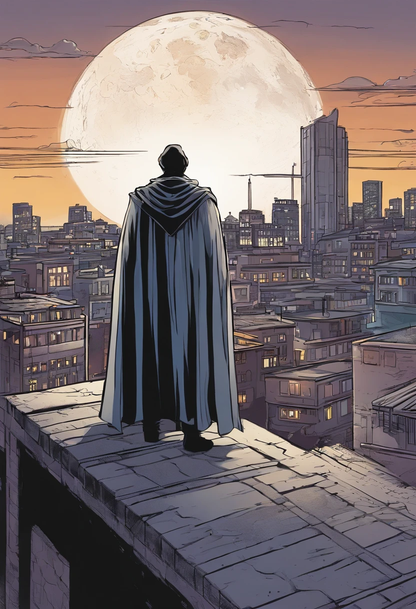 A rooftop view of the city with a full moon overhead. A mysterious figure in a dark cape stands at the edge of the building, looking out over the city, monochrome