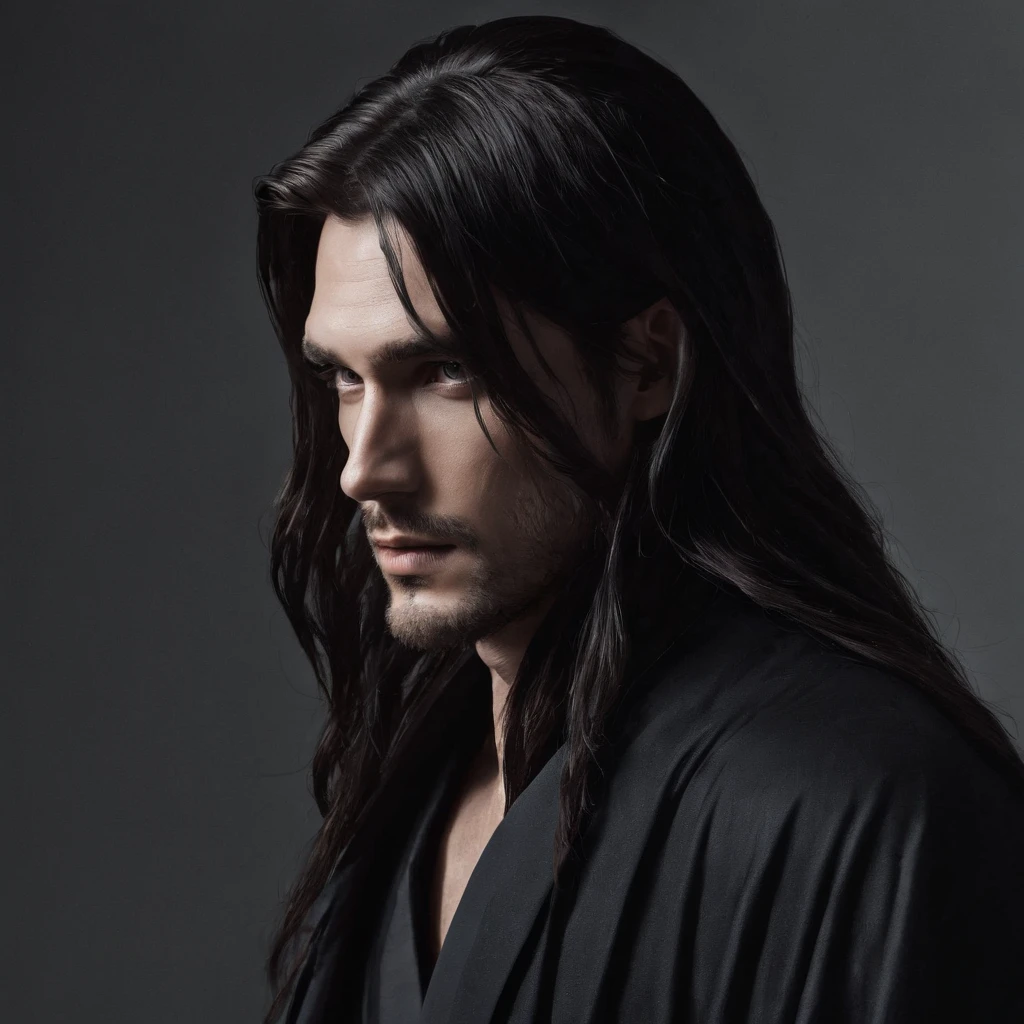Long haired single man in black robe half of the face is hidden dark ambiance