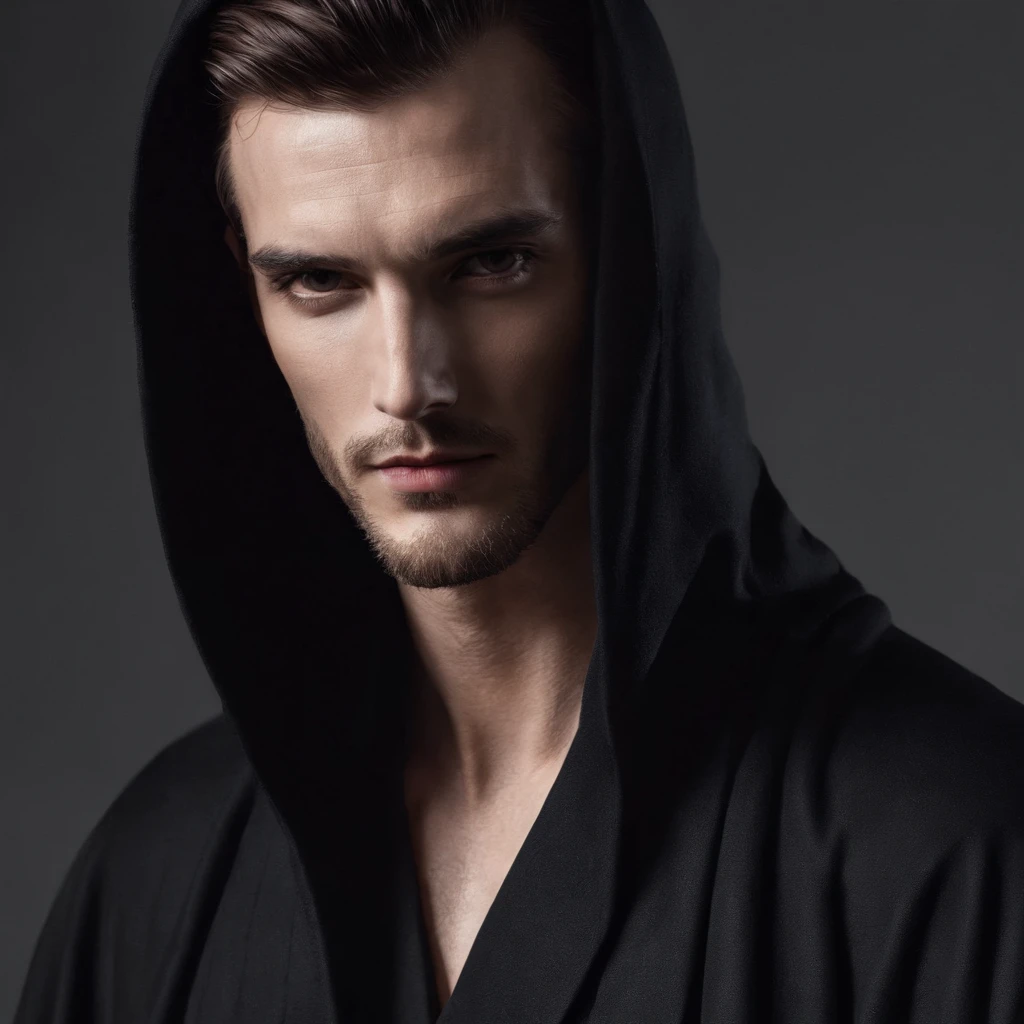 Long haired single man in black robe　half of the face is hidden　dark ambiance