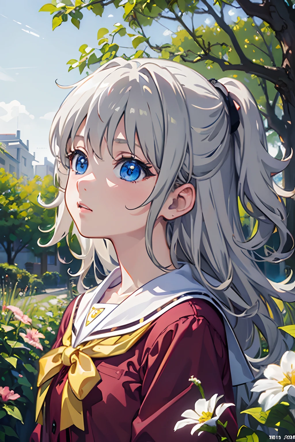 1girl, Tomori, Wariza,best quality,ultra-detailed,photorealistic,portrait,vivid colors,soft lighting,warm tones,medium:oil painting,garden scene,colorful flowers,sunlight streaming through trees,beautiful detailed eyes,beautiful detailed lips,peaceful expression