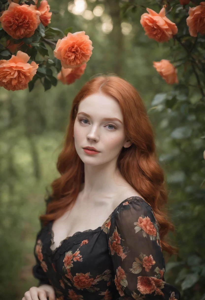 Portrait Focused Realistic Photography of Pale Ginger Orange Redhead Girl in the Forest with Medium Dress and Medium Puff Sleeves Black Flower and Orange Carnation and Red Roses Prints. Having tea in the middle of garnet forest and flowering jasmine gardenia trees around, pinheiros ao fundo. Warm Hanging Lights Medium Autumn Spring
