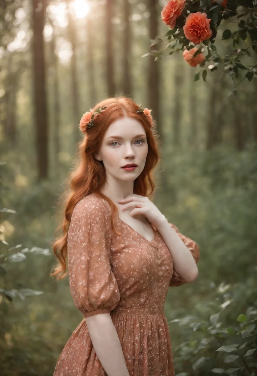 Portrait Focused Realistic Photography of Pale Ginger Orange Redhead Girl in the Forest with Medium Dress and Medium Puff Sleeves Black Flower and Orange Carnation and Red Roses Prints. Having tea in the middle of garnet forest and flowering jasmine gardenia trees around, pinheiros ao fundo. Warm Hanging Lights Medium Autumn Spring