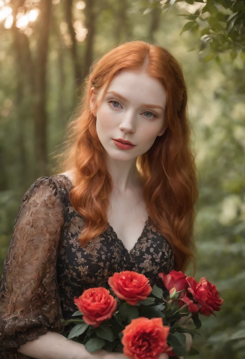 Portrait Focused Realistic Photography of Pale Ginger Orange Redhead Girl in the Forest with Medium Dress and Medium Puff Sleeves Black Flower and Orange Carnation and Red Roses Prints. Having tea in the middle of garnet forest and flowering jasmine gardenia trees around, pinheiros ao fundo. Warm Hanging Lights Medium Autumn Spring