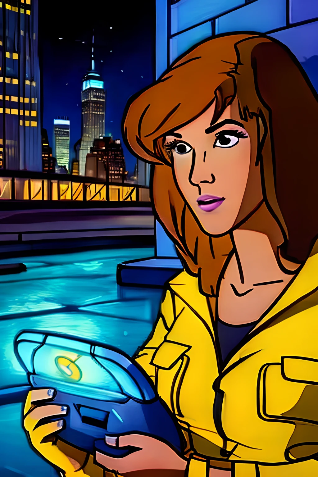 April O'Neil, Channel 6 reporter,segurando uma lanterna, 1mulher muito bonita, inteligente e audaciosa, investigando os esgotos de Nova York no meio da noite