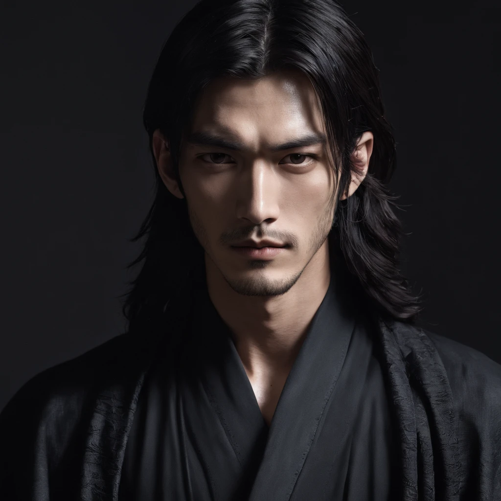 Japan man with long hair in black robe half of the face is hidden dark ambiance