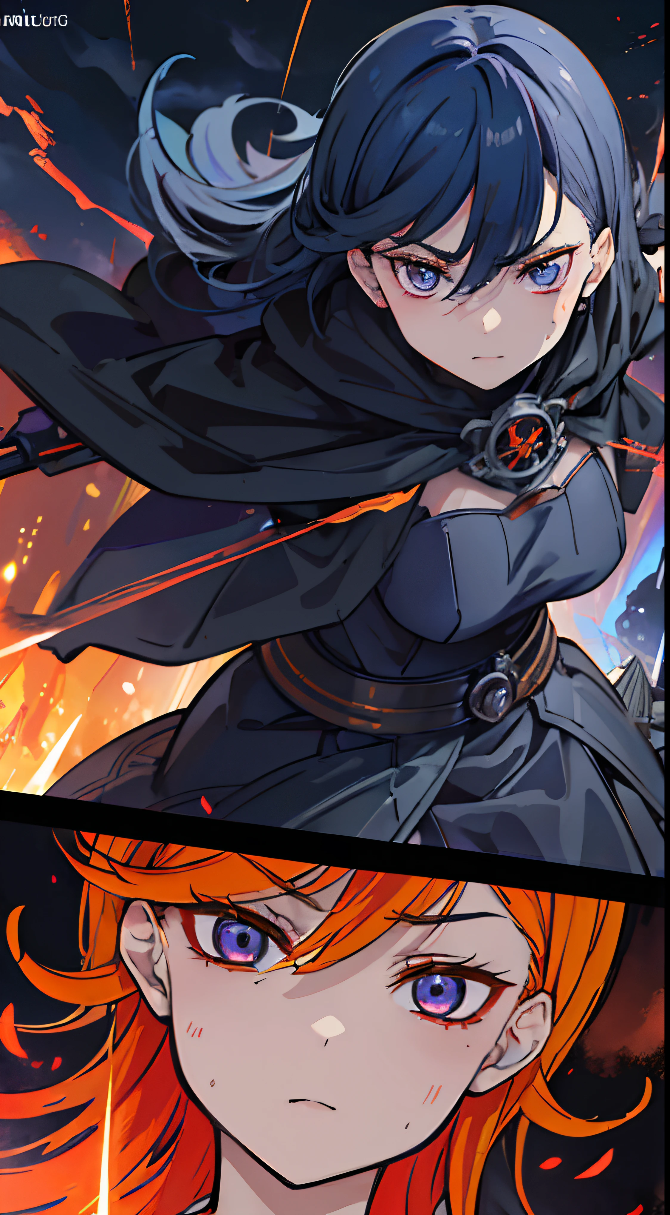 (best quality,4k:1.37),evil anime girls in Battlefield,anime style,demonic,glowing eyes,battle armor,sinister expressions,fire and smoke effects,bloodlust,ominous atmosphere,massive explosions, weapons,hellish scenery ,dark clouds and lightning,ruined buildings,horror movie vibe,contrasting colors,ominous lighting,death and destruction,chaotic battle scenes,intense action,mysterious aura,sharp details,highly detailed facial features,dramatic shadows,heroic poses,mysterious masks,fiery hair,twisted beauty,warrior princesses,Magical abilities,electric blue,violent conflict,tension and suspense,emotional depth,spectacular visual effects,brooding and intense characters,epic battles,overwhelming power,apocalyptic setting,Orange hair, purple eyes,(detail eyes:1.5)