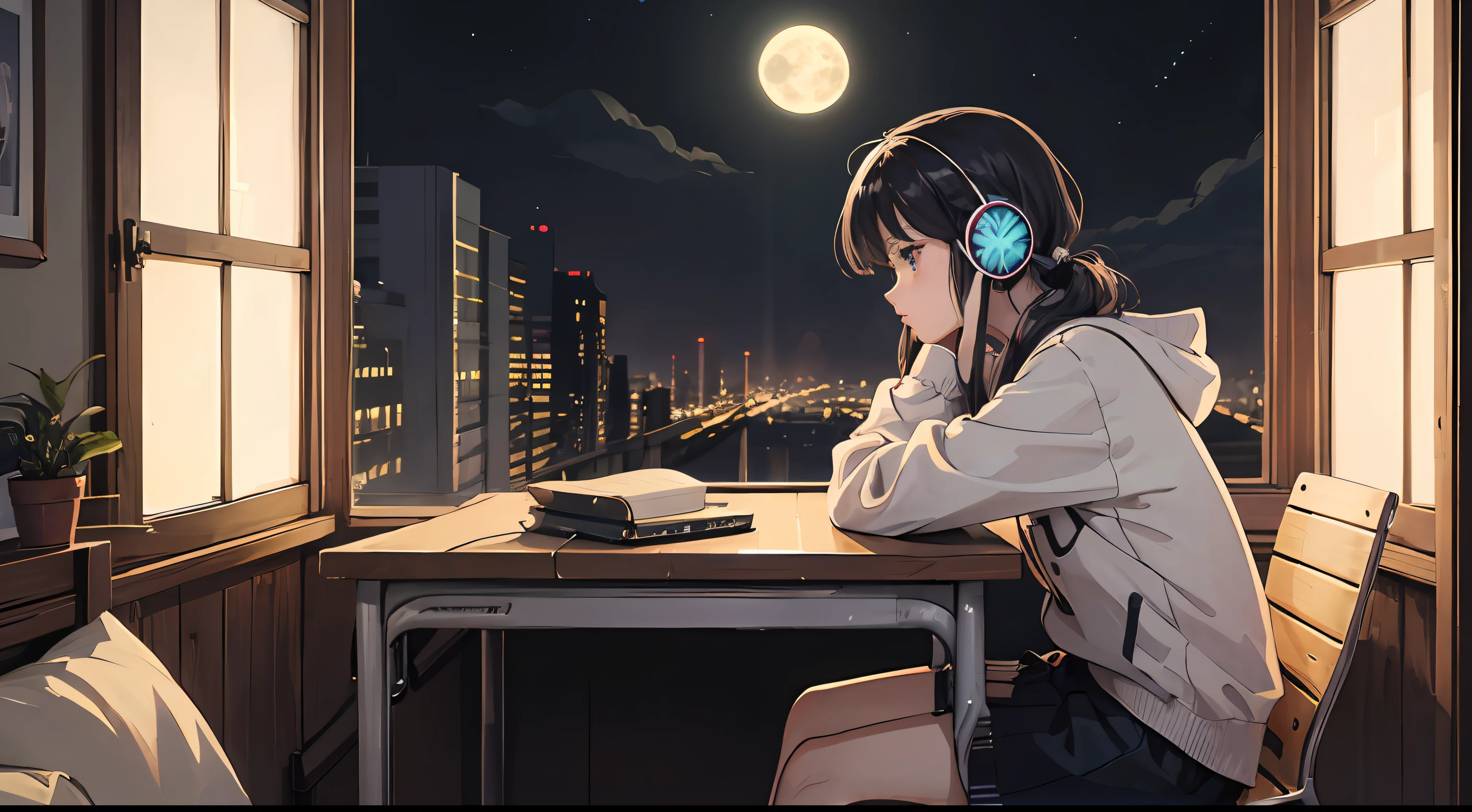 1人、90's anime style、natta、studio、a moon、Girl wearing headphones、Late Night Room、Listening to music alone、City Pop、Low image quality、lo-fi、Chill、deep in the night、Rooms for single people、darkened room、Outside the window is a night view of the near future、darkened room、profile、Sitting at a desk、Studying、full bodyesbian、Pulling point