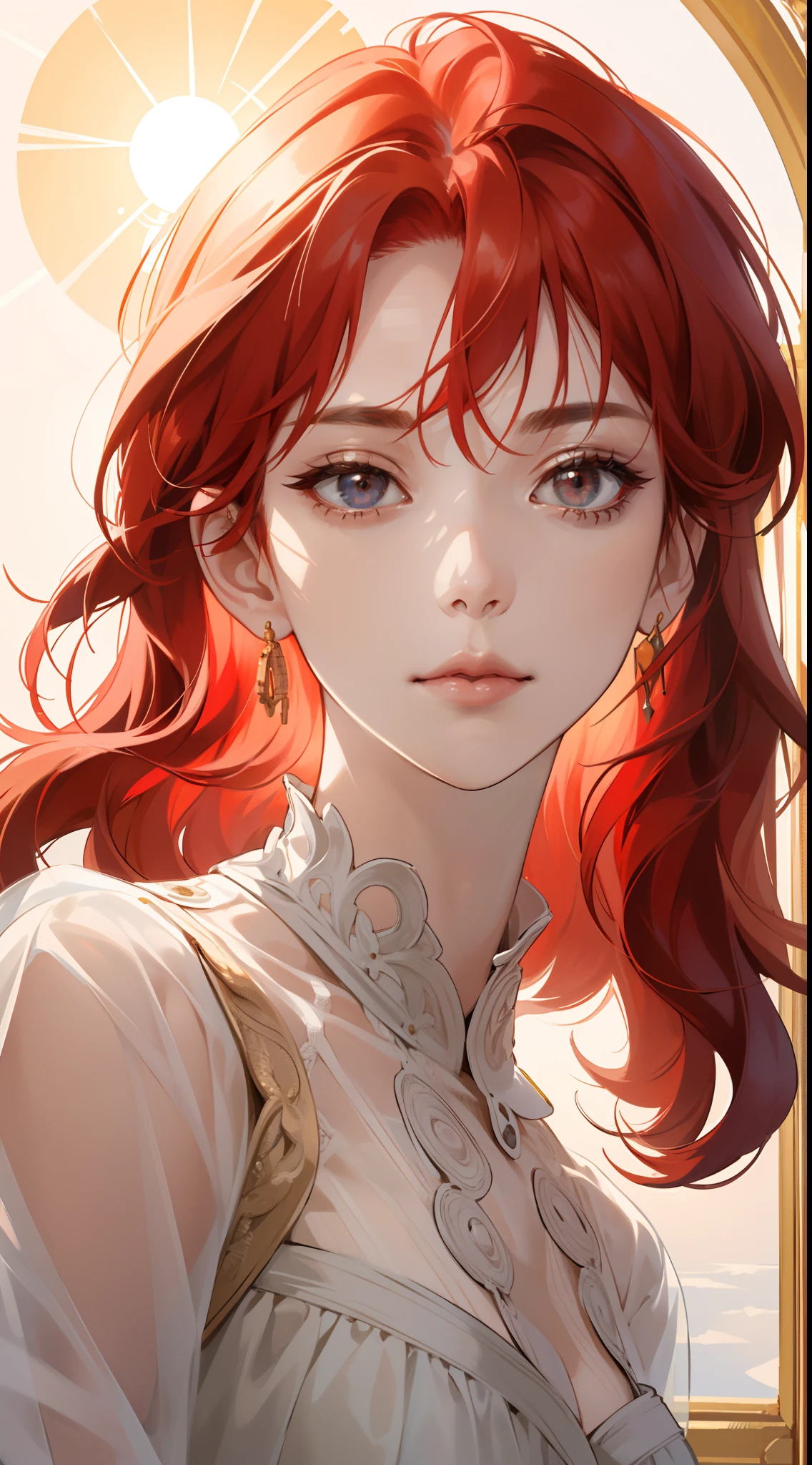 (extremely delicate and beautiful:1.2), 8k,(masterpiece:1.0),(best_quality:1.0), 1girl, mature woman, sun as a women, complex details, enlarged textures, complex details, finely detailed eyes and detailed face, intricate details, red hair, (closed mouth), perfect eyes, equal eyes, (sun goddess)