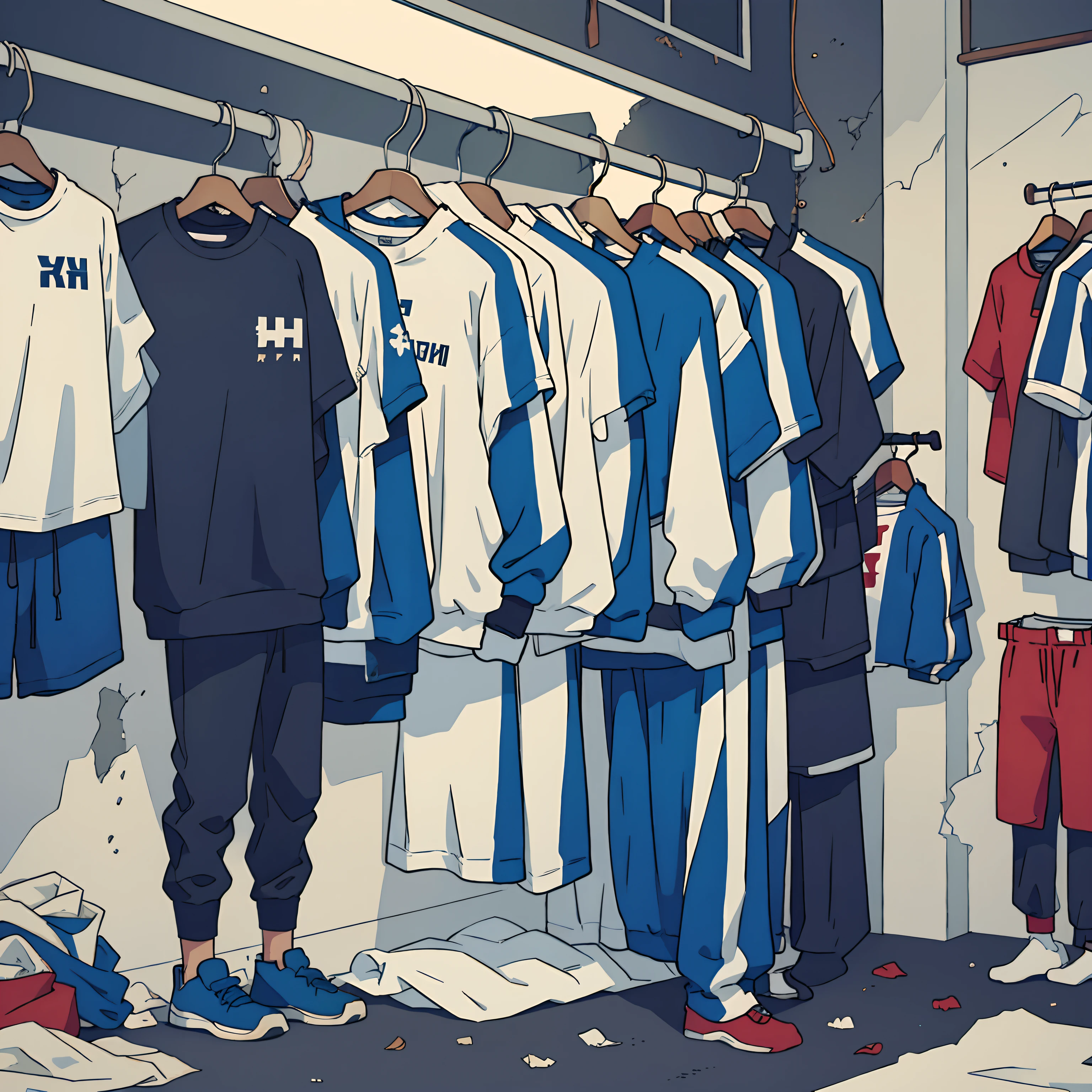 Perfect Anime Clothing Store Illustration, sports clothing, dirty, Deserted, Russia, dim lights, cheaply, garbage, Peeling walls, A lot of clothes, NOhumans, tracksuits, Accent lighting, Only clothes on hangers, Empty Sportswear Store