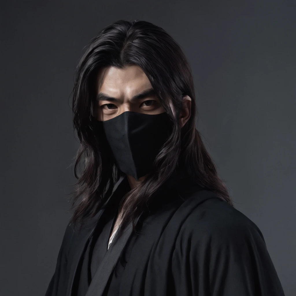 Japan man with long hair in black robes Half of the face is hidden by a mask dark ambiance